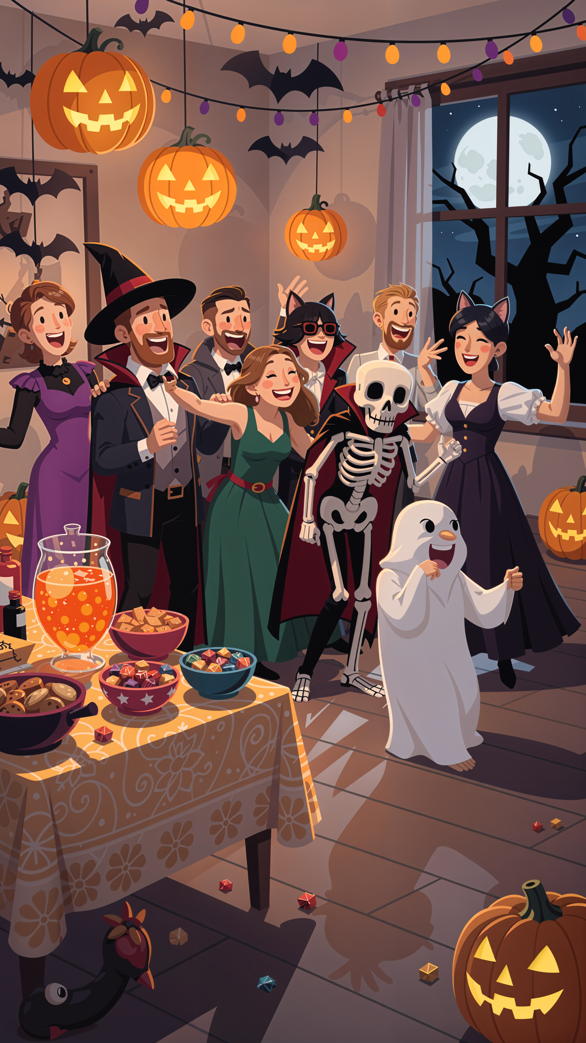 Halloween party iPhone wallpaper of cheerful friends in costumes—witch, skeleton, ghost and more—celebrating by jack‑o'lanterns, a candy table and string lights beneath a full moon.