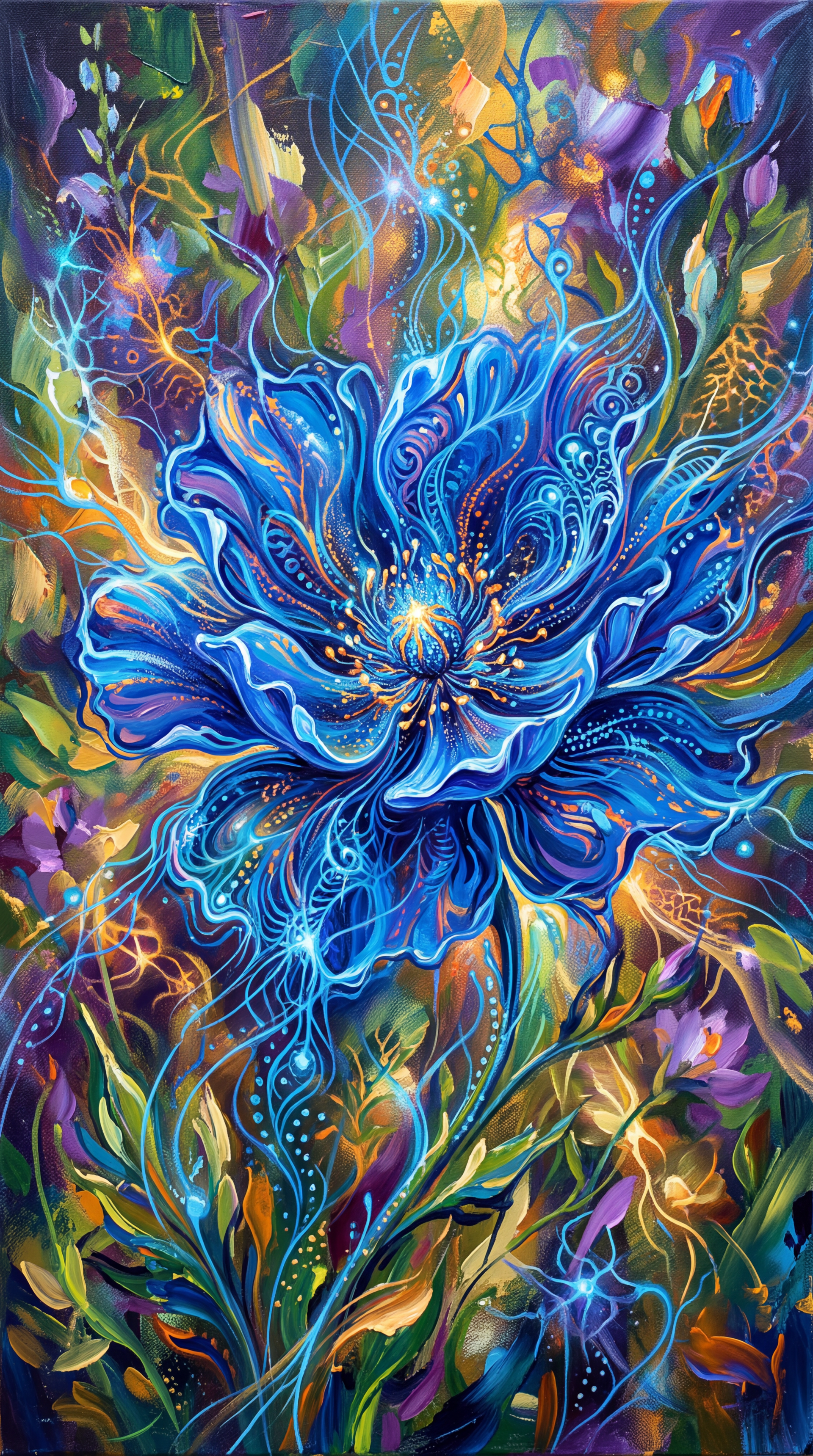 Vivid blue flower with swirling, intricate petals and glowing filaments among colorful foliage — phone/iPhone wallpaper.