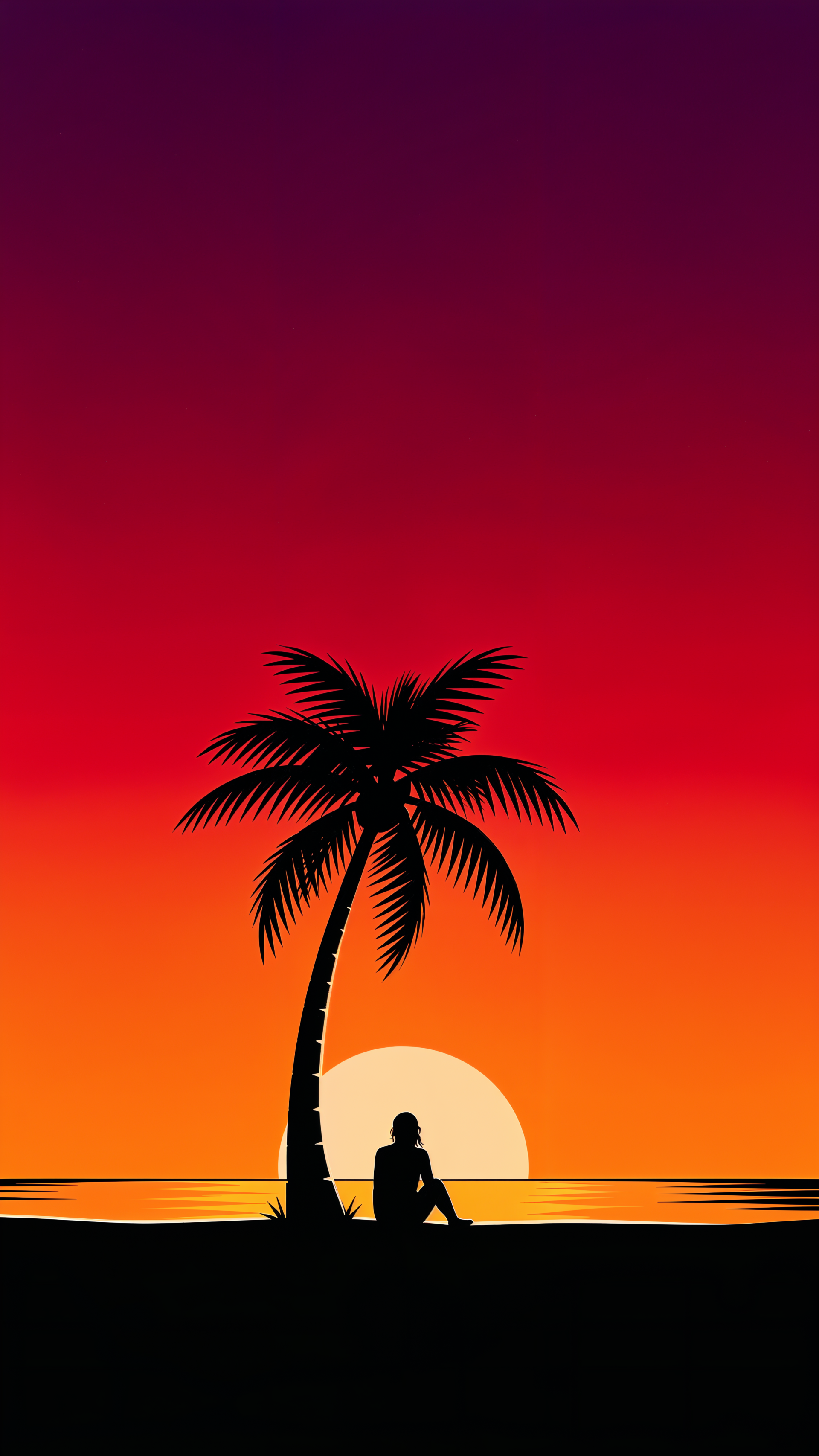 iPhone wallpaper: beach sunset with a silhouetted palm and lone figure sitting on the shore as the sun sinks into an orange-to-purple sky.