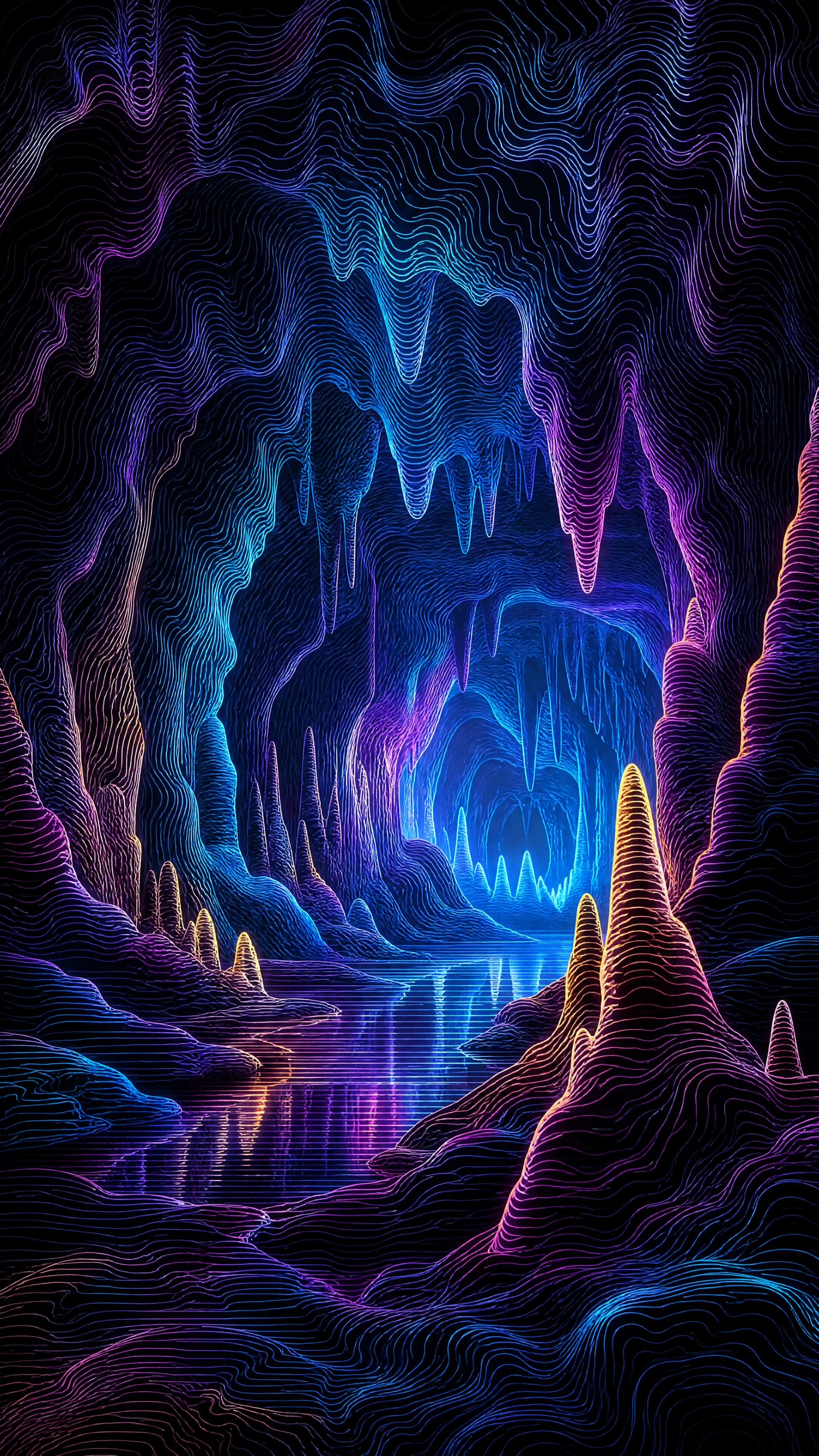 Vertical iPhone wallpaper of a neon cavern: glowing stalactites and stalagmites, contour-like ridges and a reflective blue-purple pool.