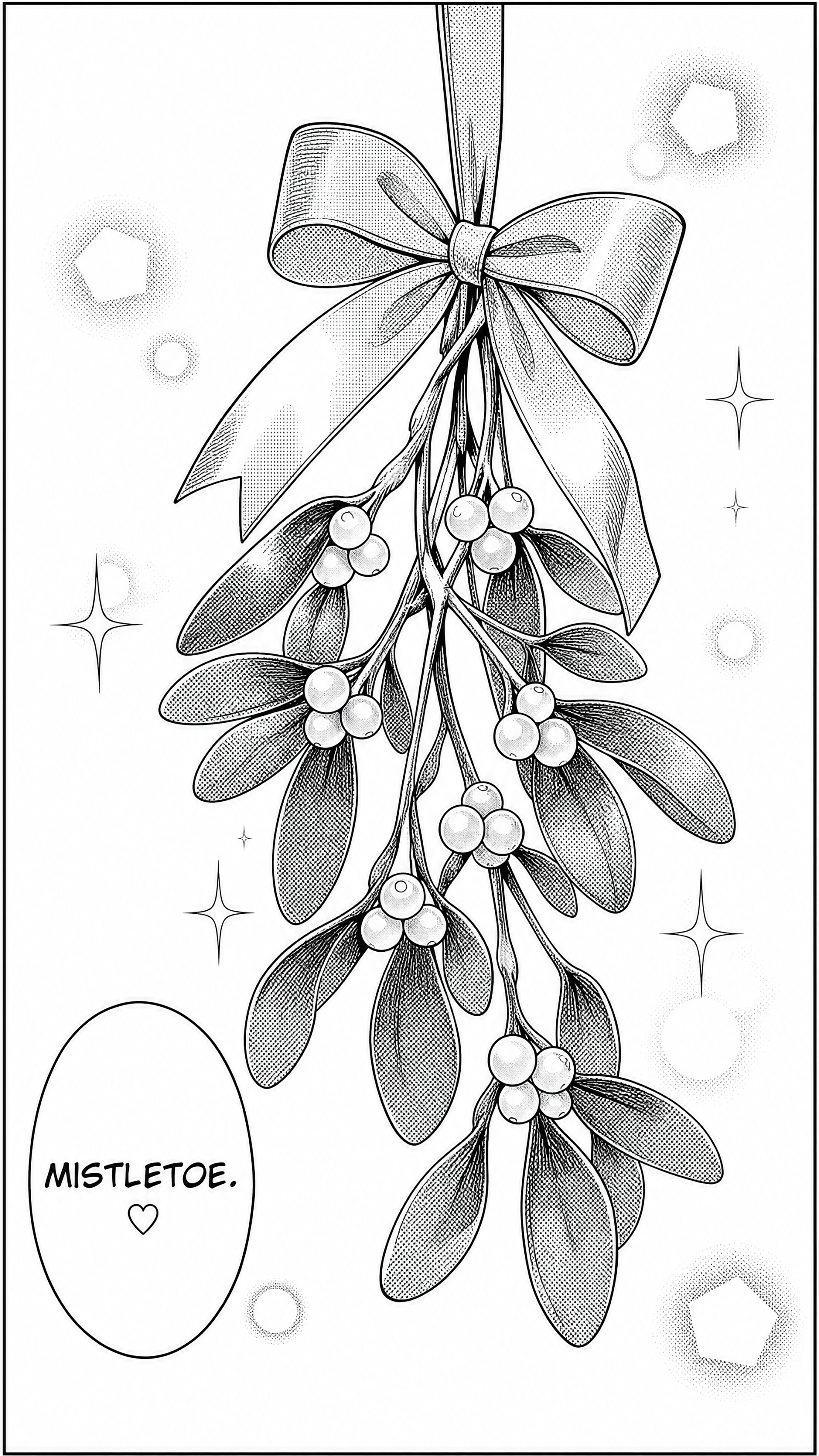 Monochrome manga-style iPhone wallpaper of a hanging mistletoe sprig tied with a ribbon bow, glossy berries and sparkles, with a small MISTLETOE. speech bubble.
