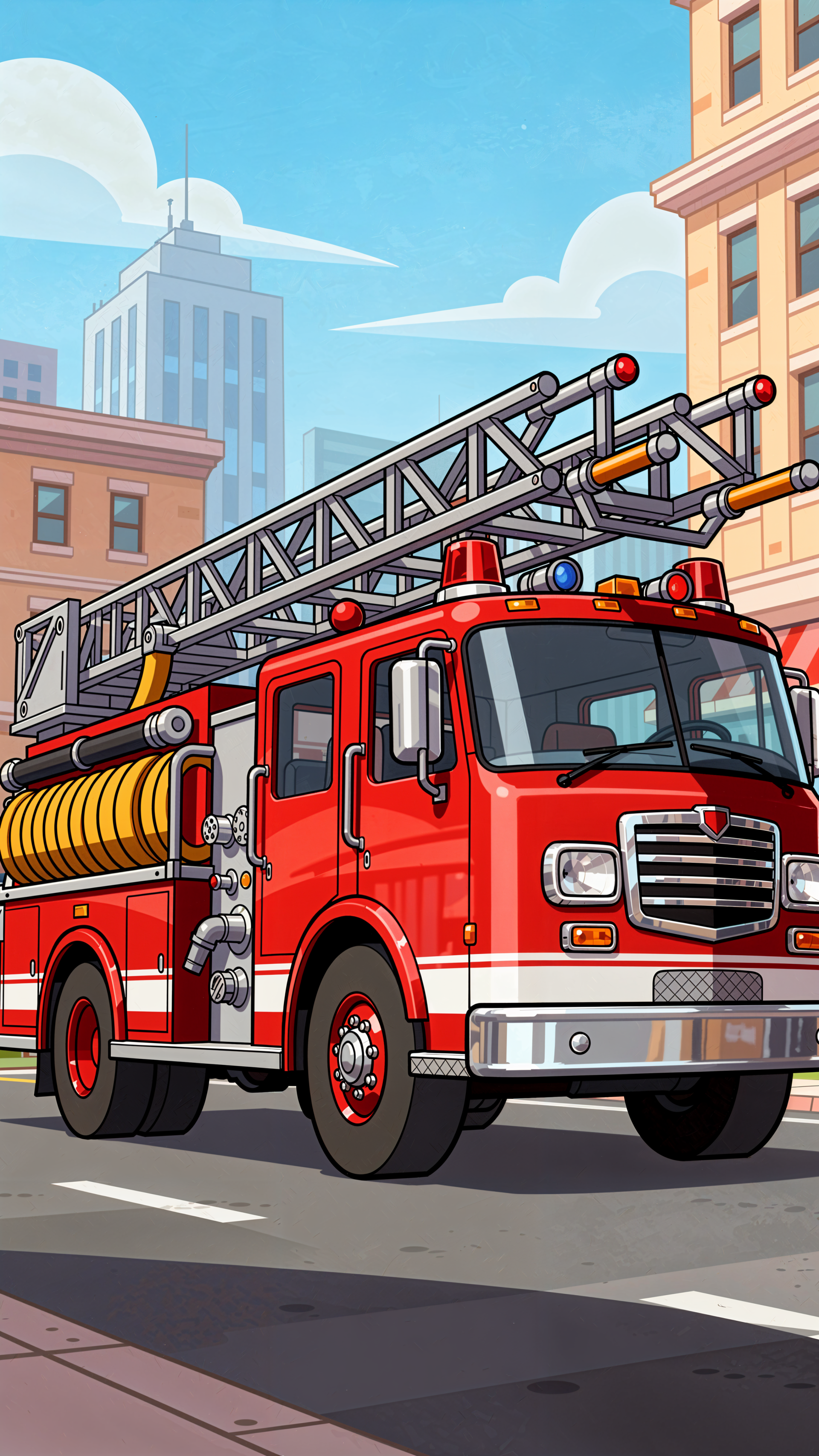 iPhone wallpaper depicting a bright red fire engine with ladder and hoses parked on a sunny city street under a blue sky.