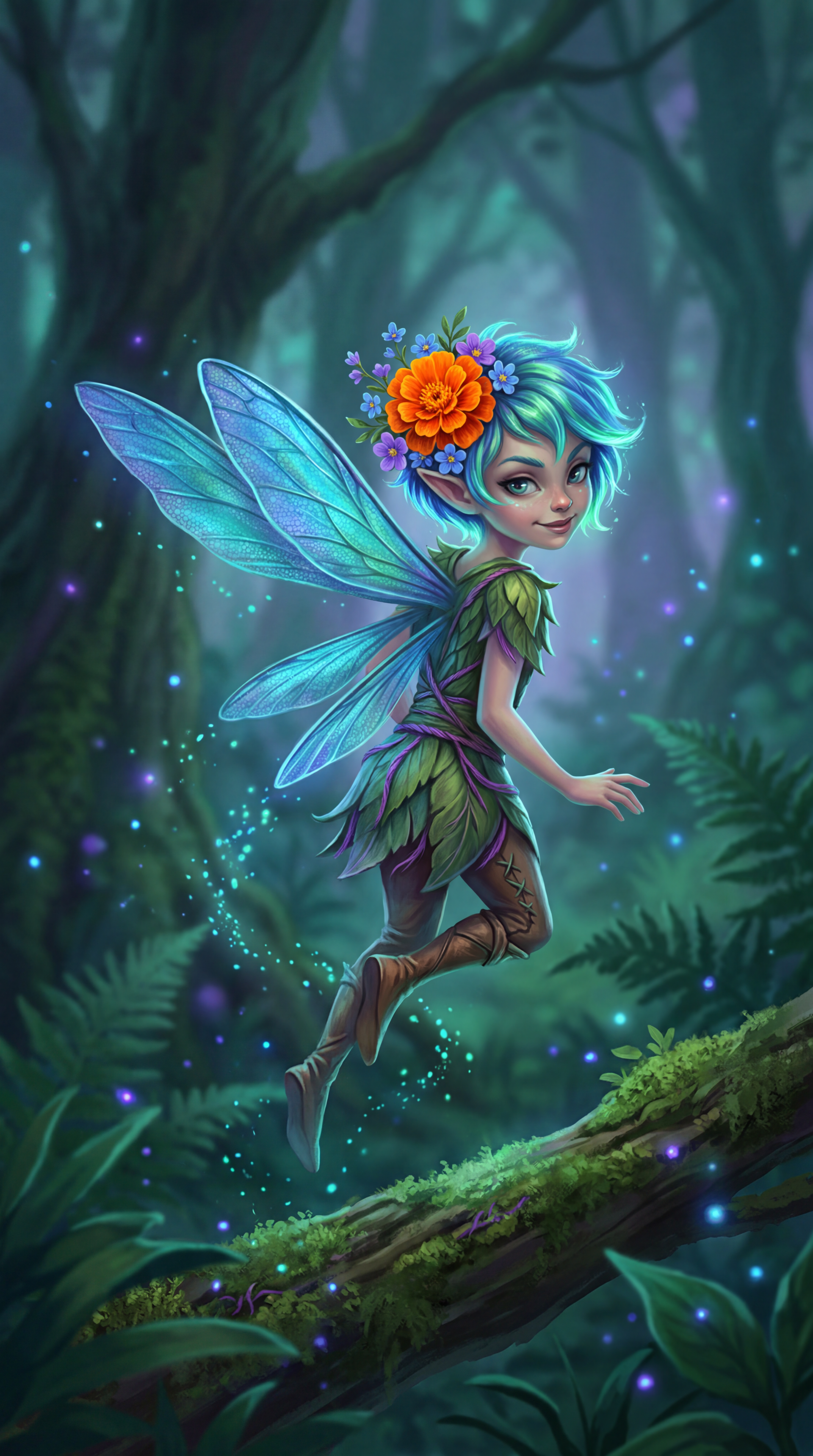 Pixie with turquoise hair, translucent wings and orange flower crown hovering above a mossy log in a glowing forest — iPhone wallpaper.