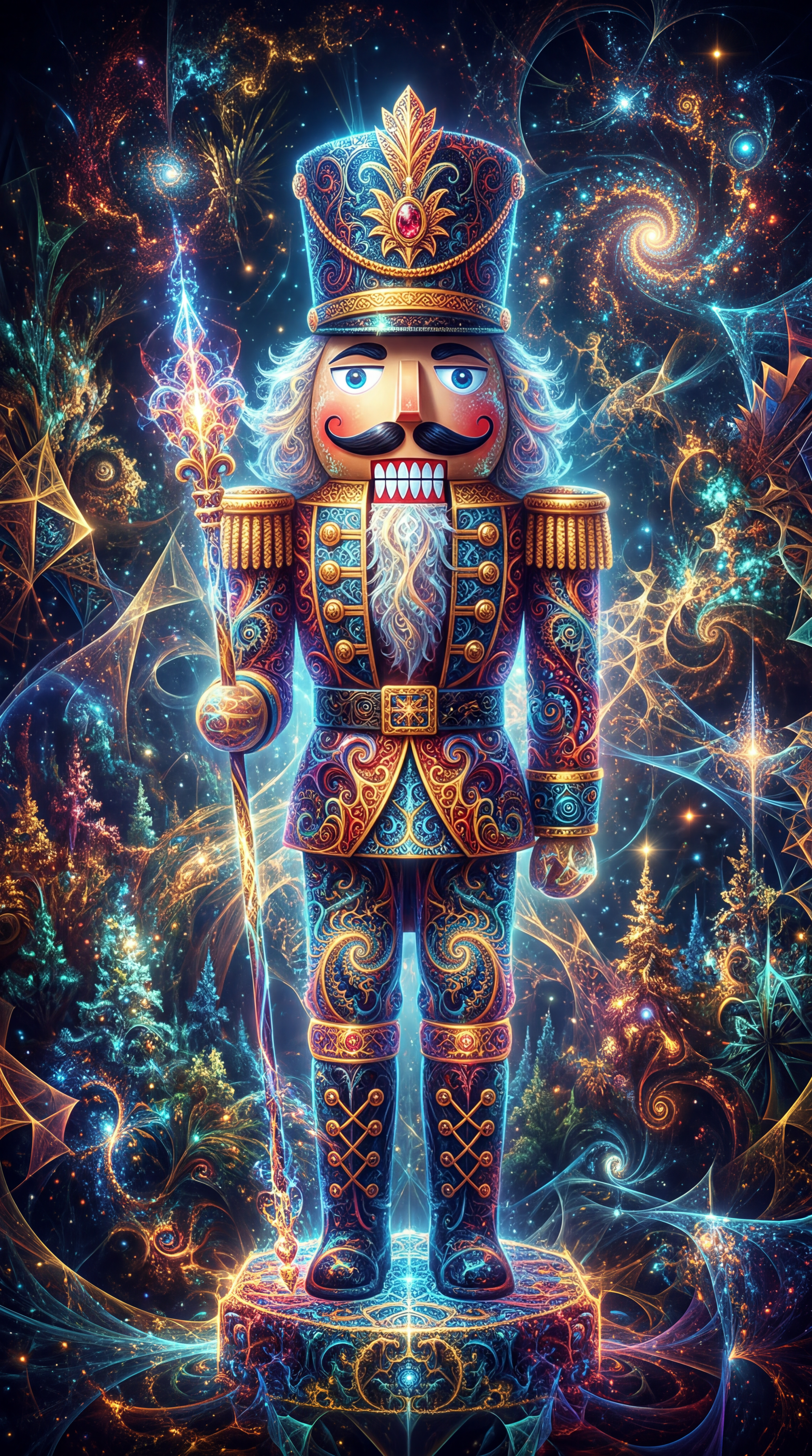 Vibrant nutcracker with ornate uniform and glowing staff in a cosmic fractal forest — vertical phone/iPhone wallpaper.