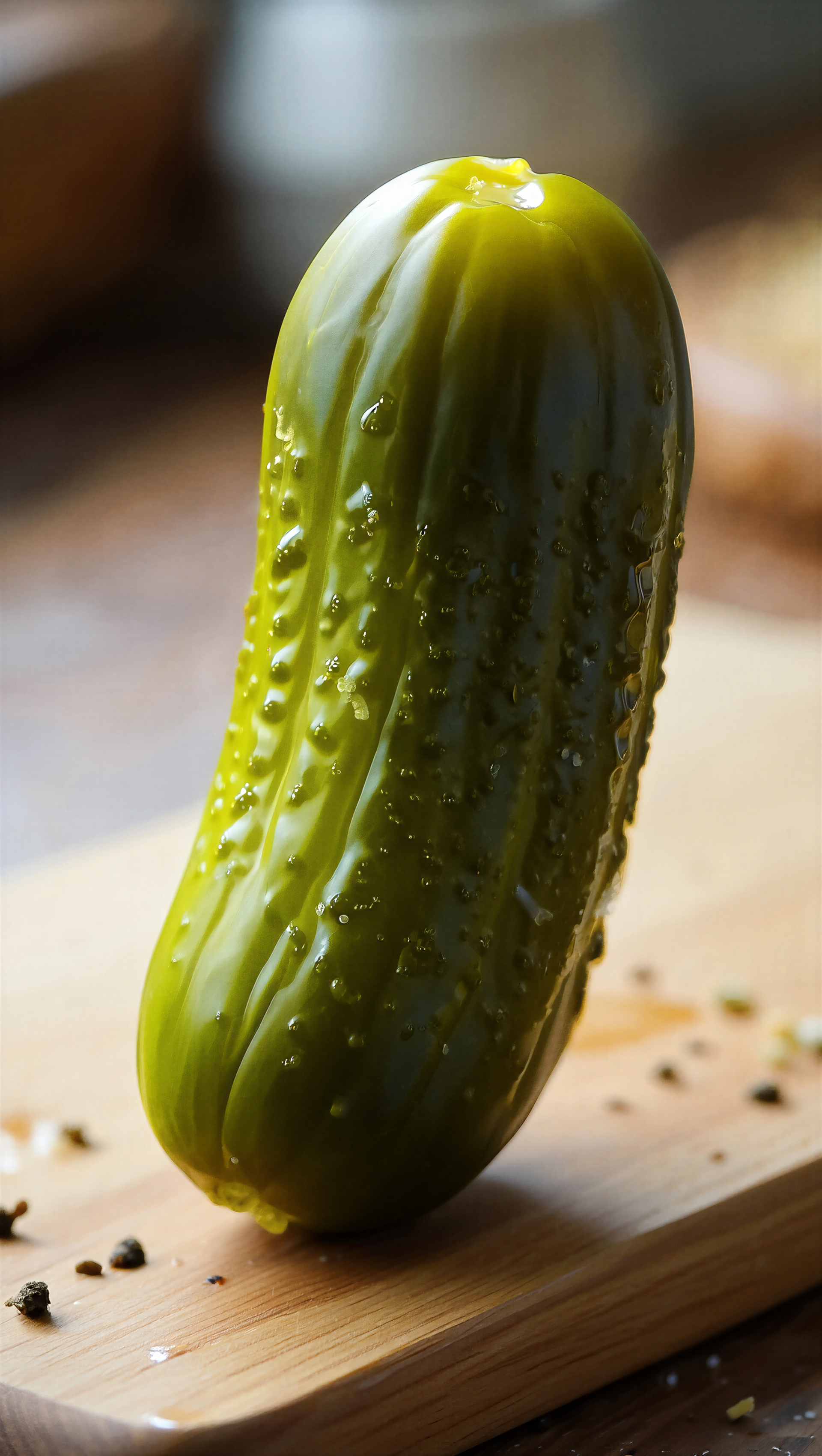 Close-up of a glossy green pickle with water droplets on a wooden cutting board, vertical iPhone wallpaper.