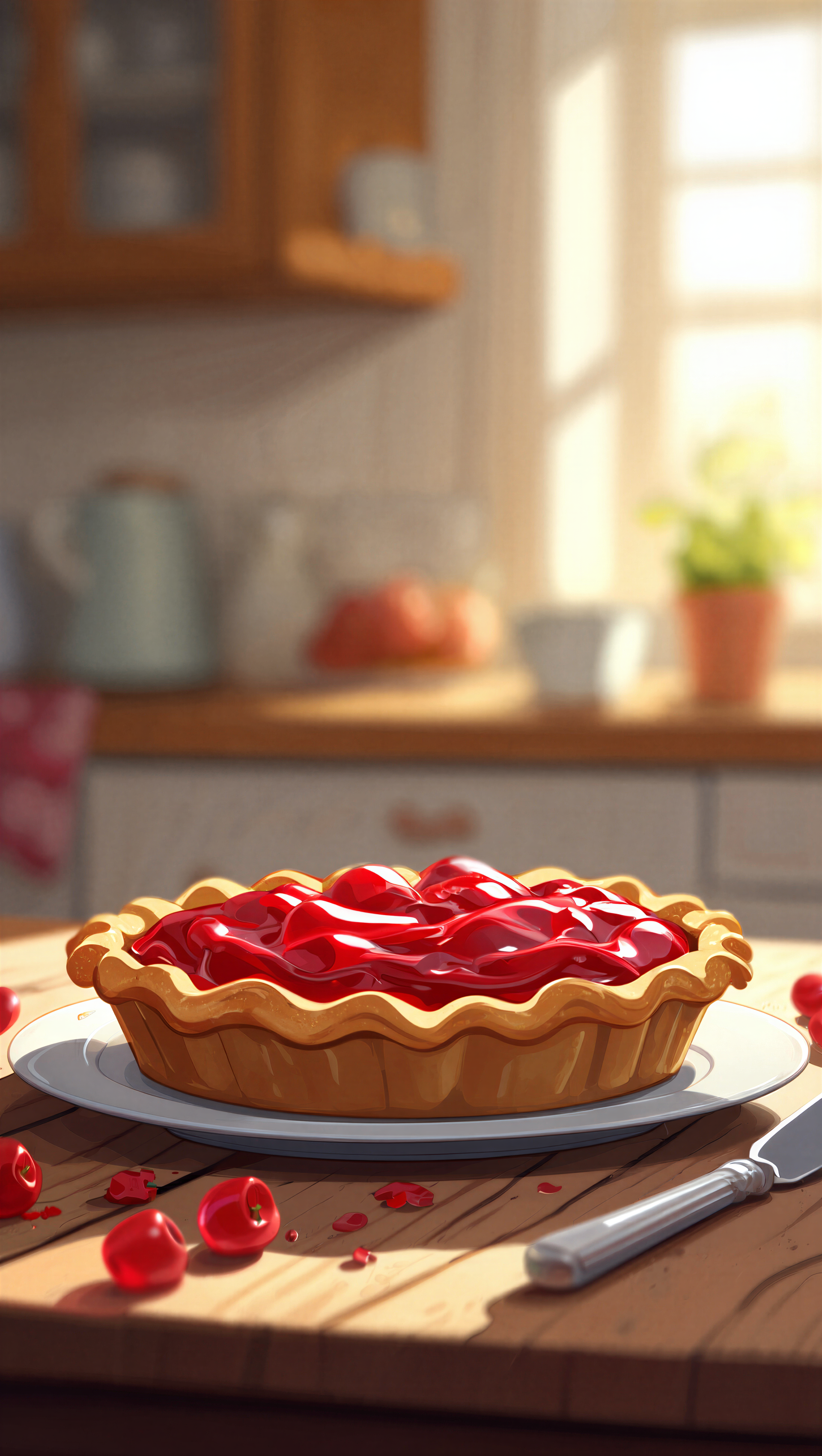 iPhone wallpaper: glossy cherry pie on a sunlit kitchen table, cherries scattered around and a knife resting nearby.