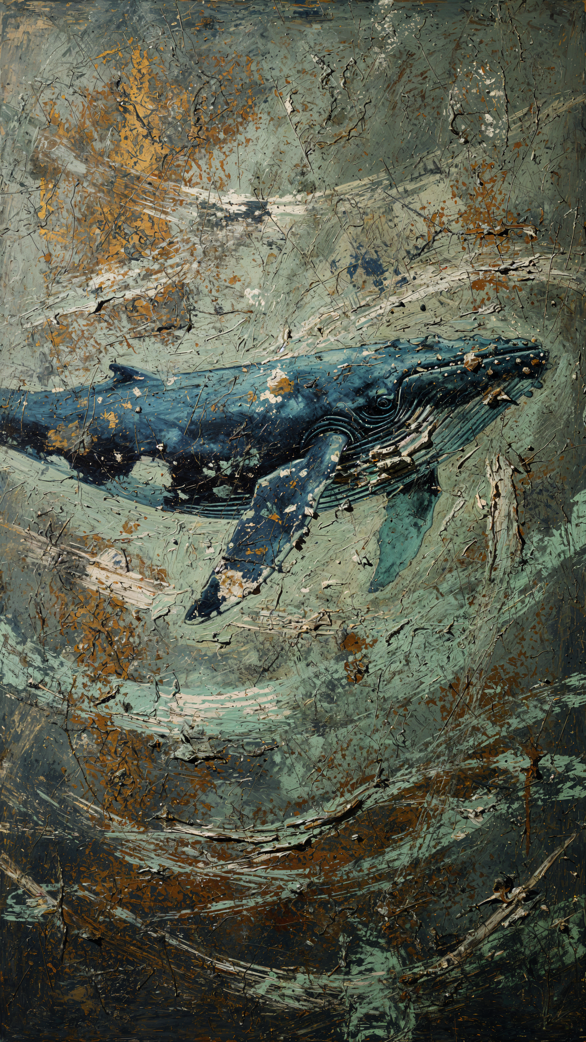 Painterly blue whale gliding across a textured vertical phone/iPhone wallpaper in teal, gray and rust tones.