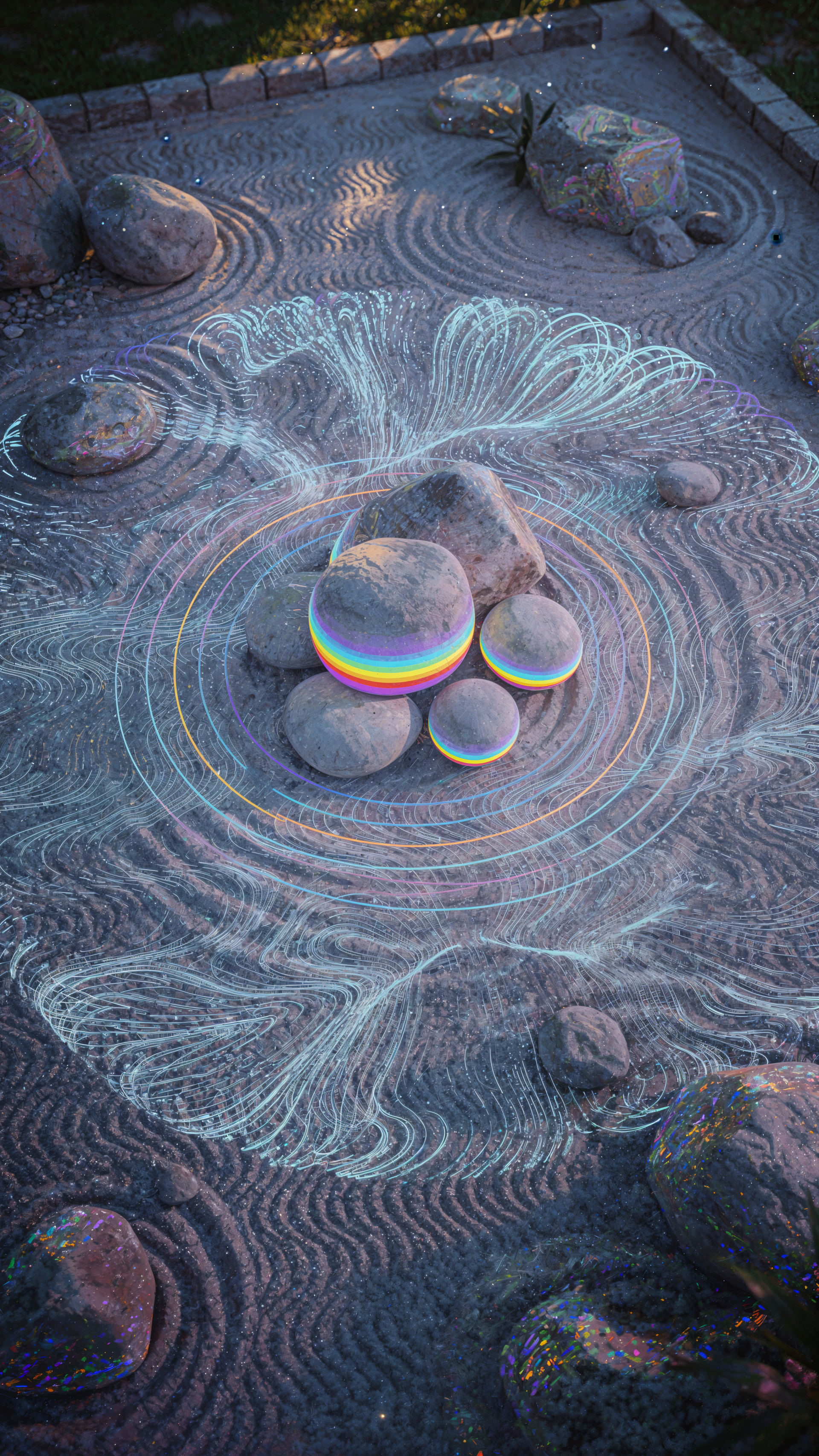 iPhone wallpaper of a rock garden: raked sand with swirling chalk-like patterns and concentric rainbow rings encircling stacked stones under soft dusk light.