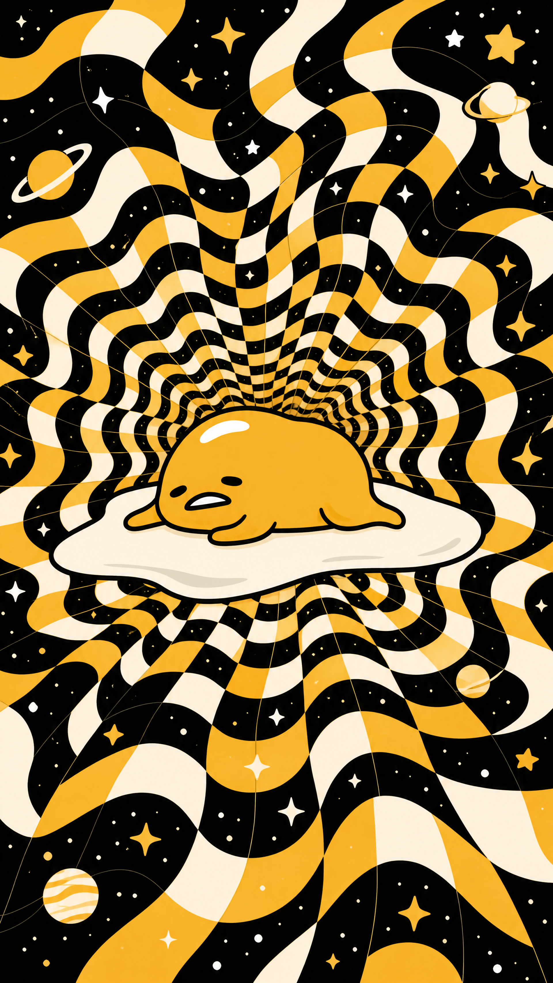 Vertical iPhone wallpaper of Gudetama sprawled on an egg white amid a swirling yellow-and-black checkerboard vortex dotted with stars and orbiting planets.