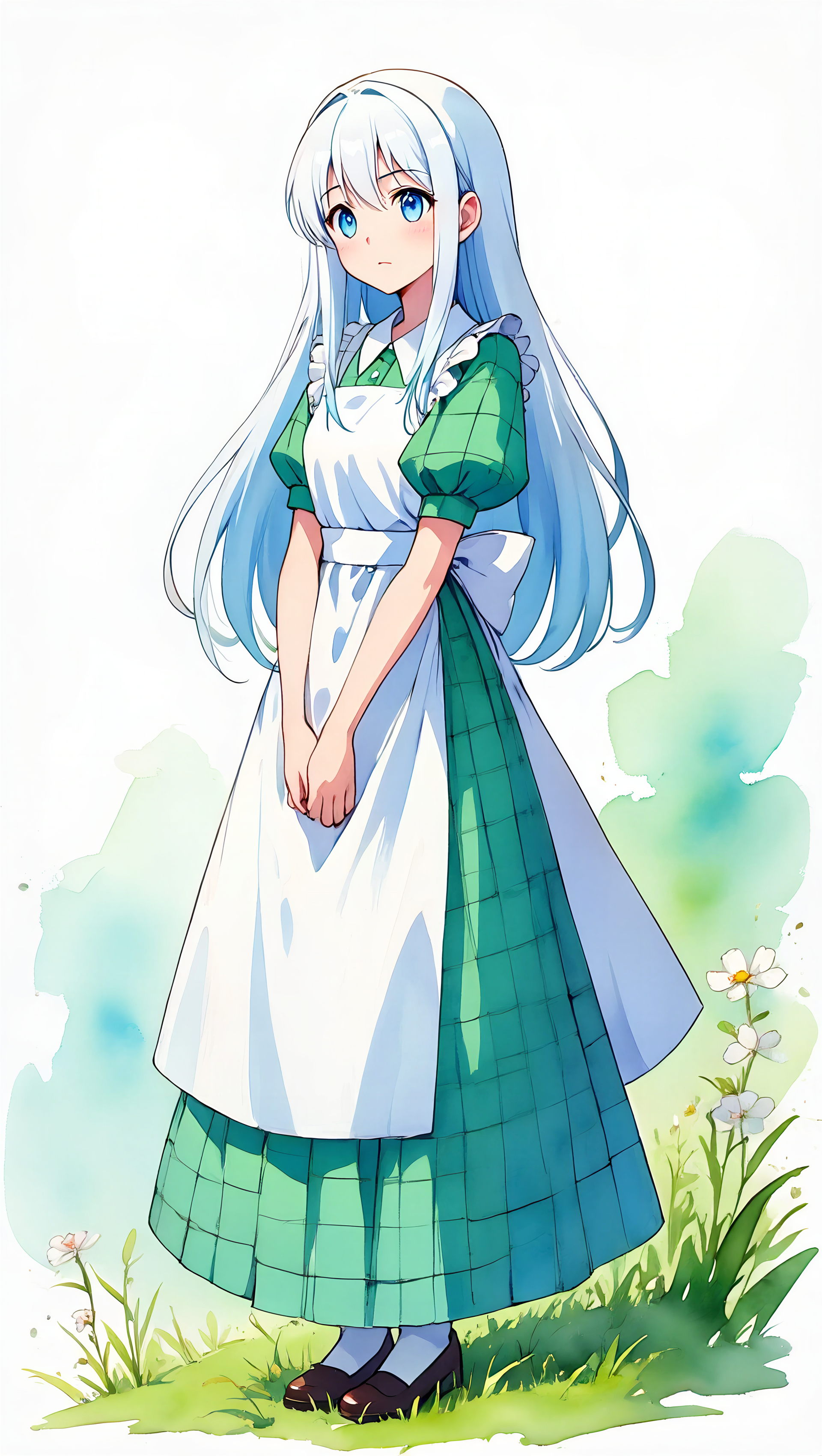 iPhone wallpaper of a shy blue-eyed anime girl with long silver hair, wearing a green checked dress and white apron, standing on a grassy meadow dotted with small flowers.