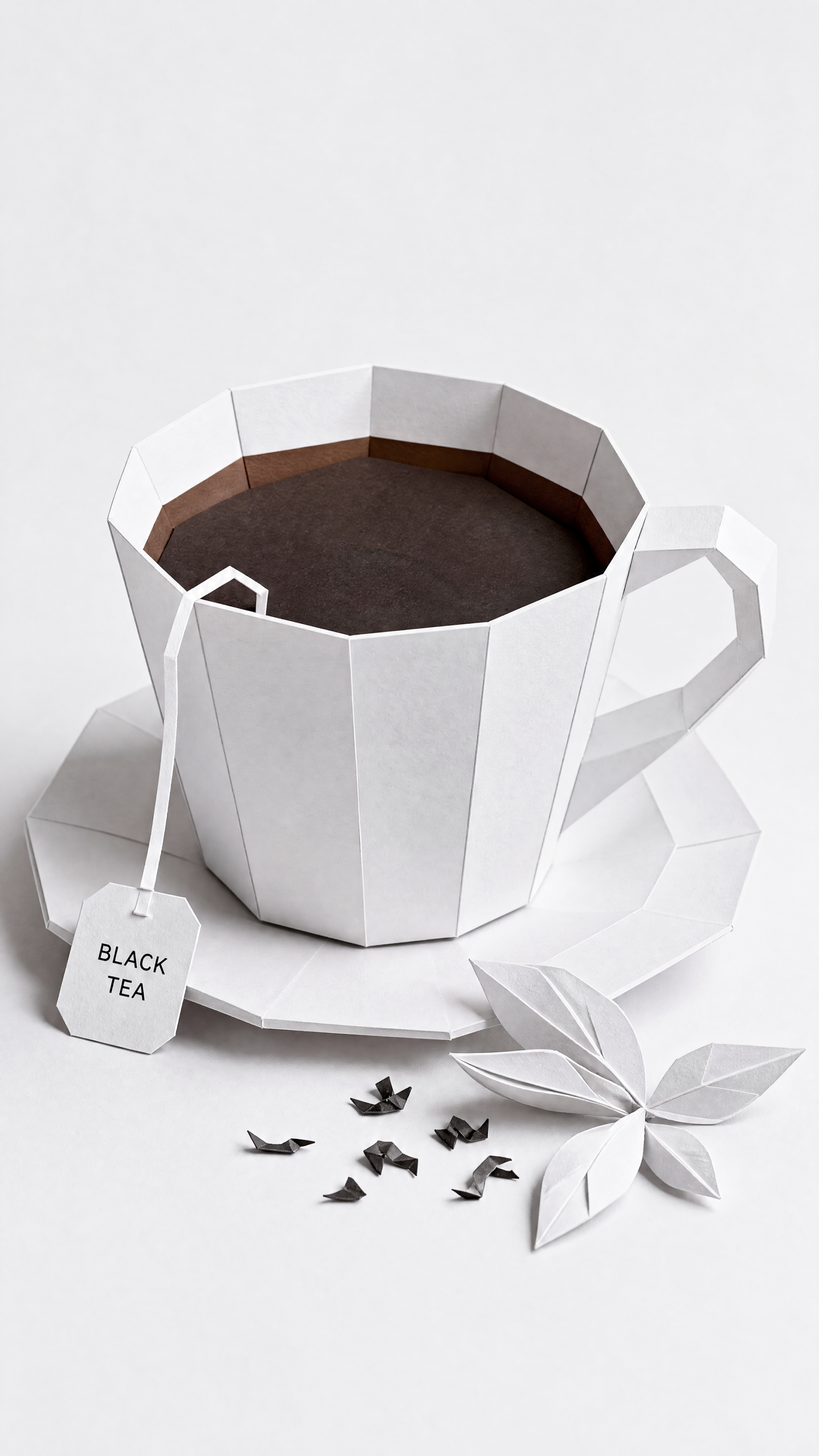 Minimalist phone wallpaper showing a paper-crafted white teacup and saucer filled with black tea, a tea bag labeled BLACK TEA and folded paper leaves on a pale background.