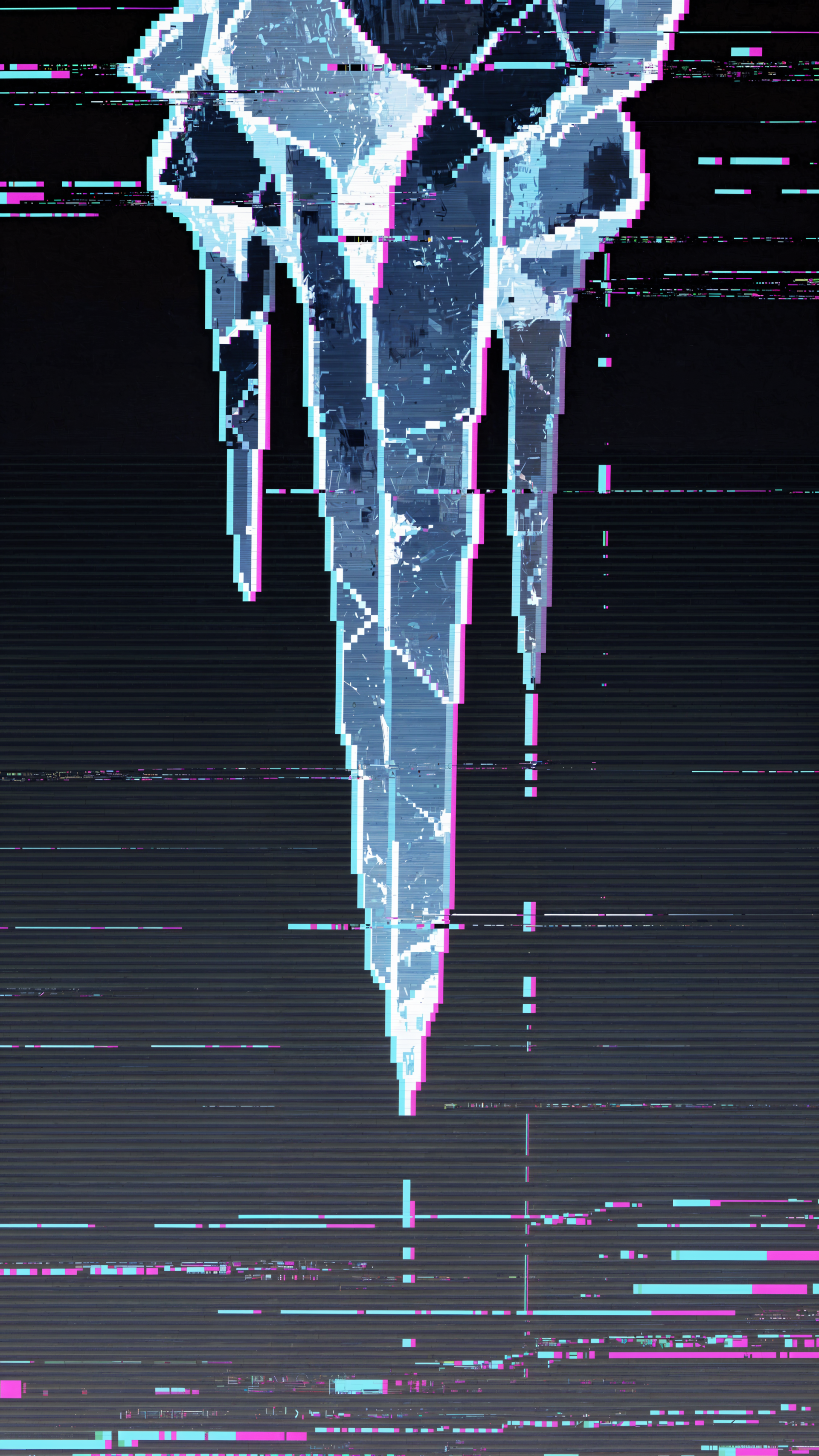 iPhone wallpaper featuring a crystalline blue icicle with neon pink and cyan glitch and scanline distortions on a dark, textured background.