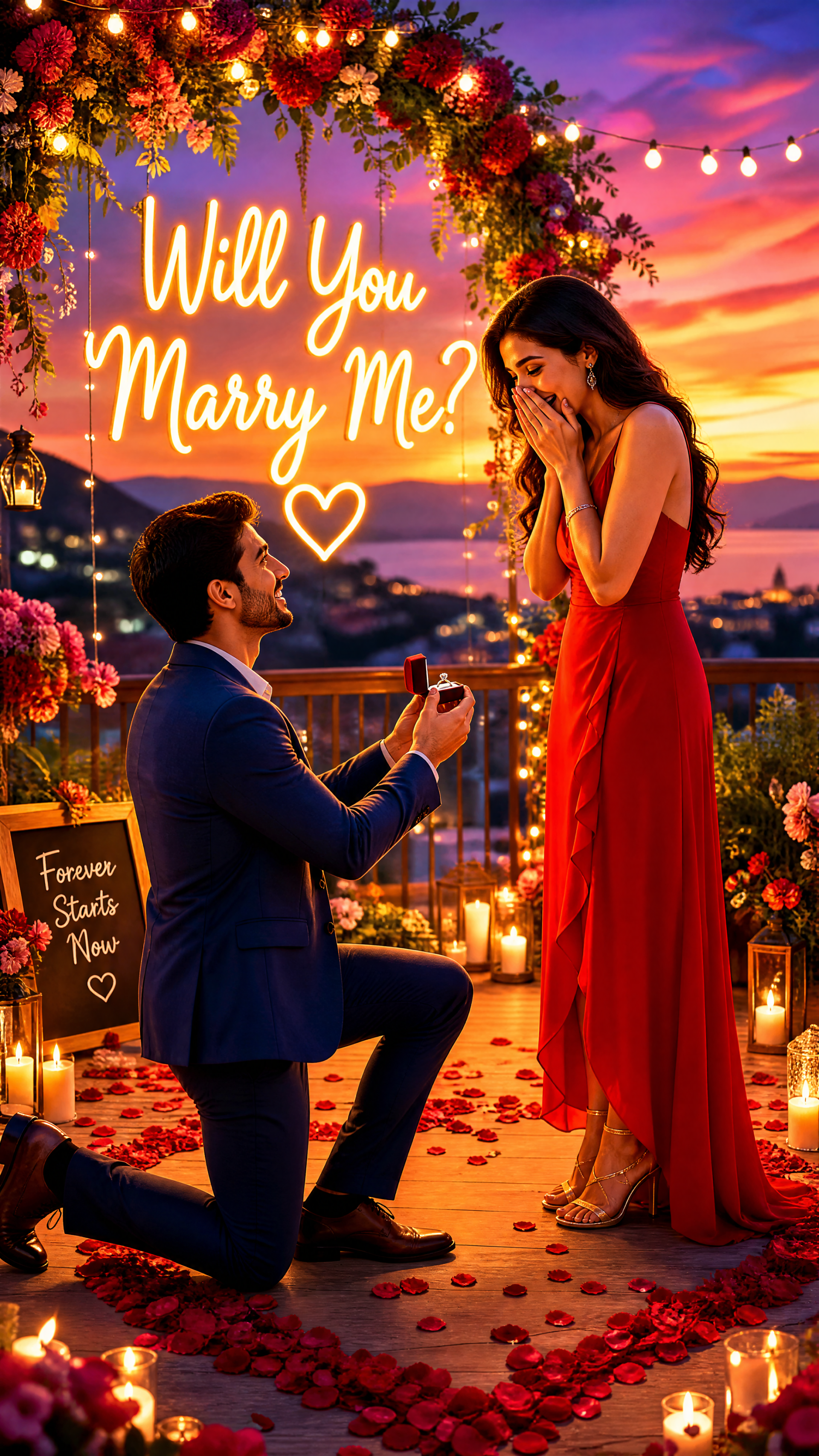 Engagement iPhone wallpaper: man kneels with ring as woman in red gasps among candles, rose petals, floral arch and neon Will You Marry Me? sign at sunset.