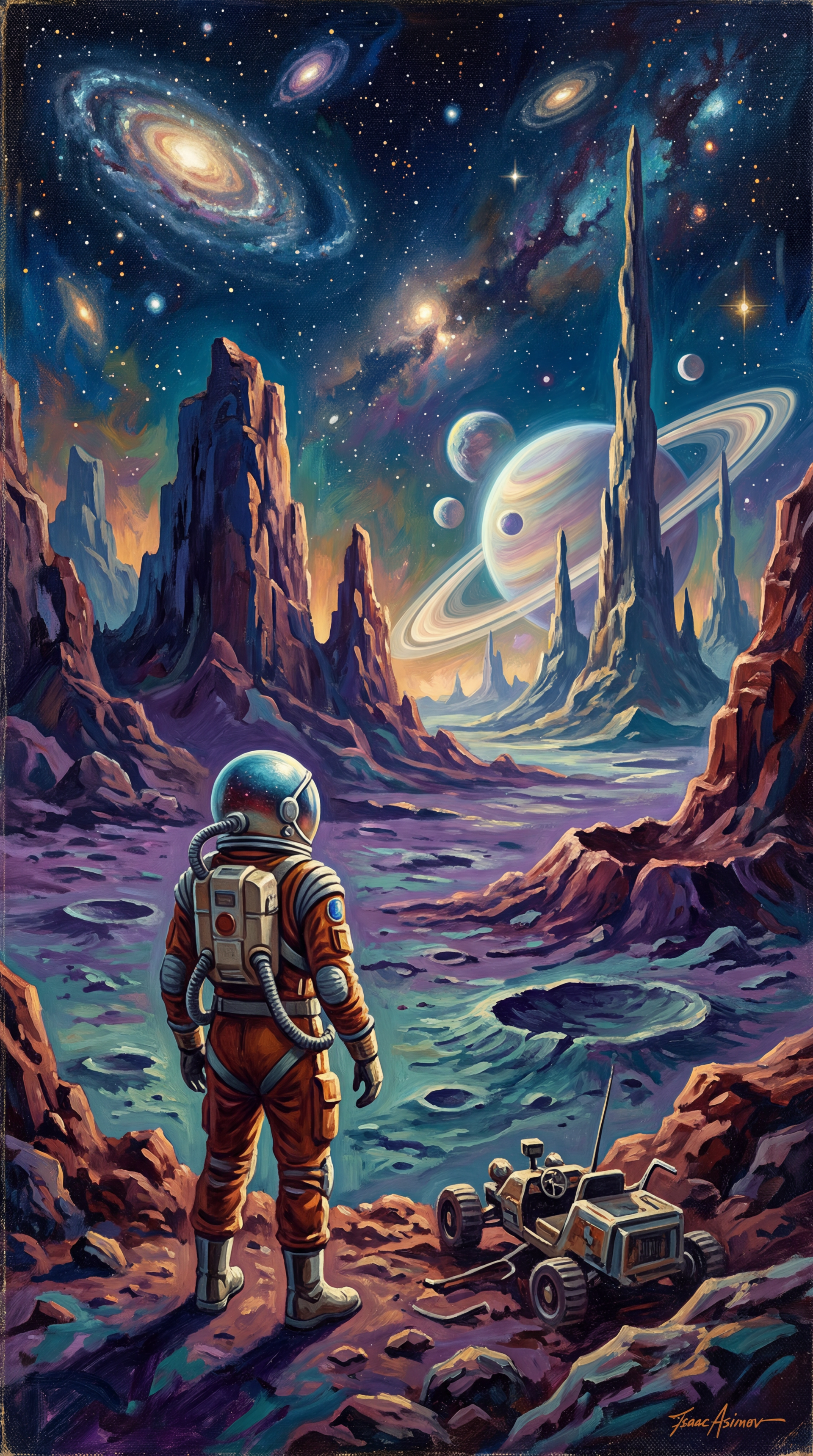 iPhone wallpaper of an astronaut alone on a rocky alien landscape beside a rover, gazing at ringed planets, distant galaxies and towering spires under a star-filled sky.