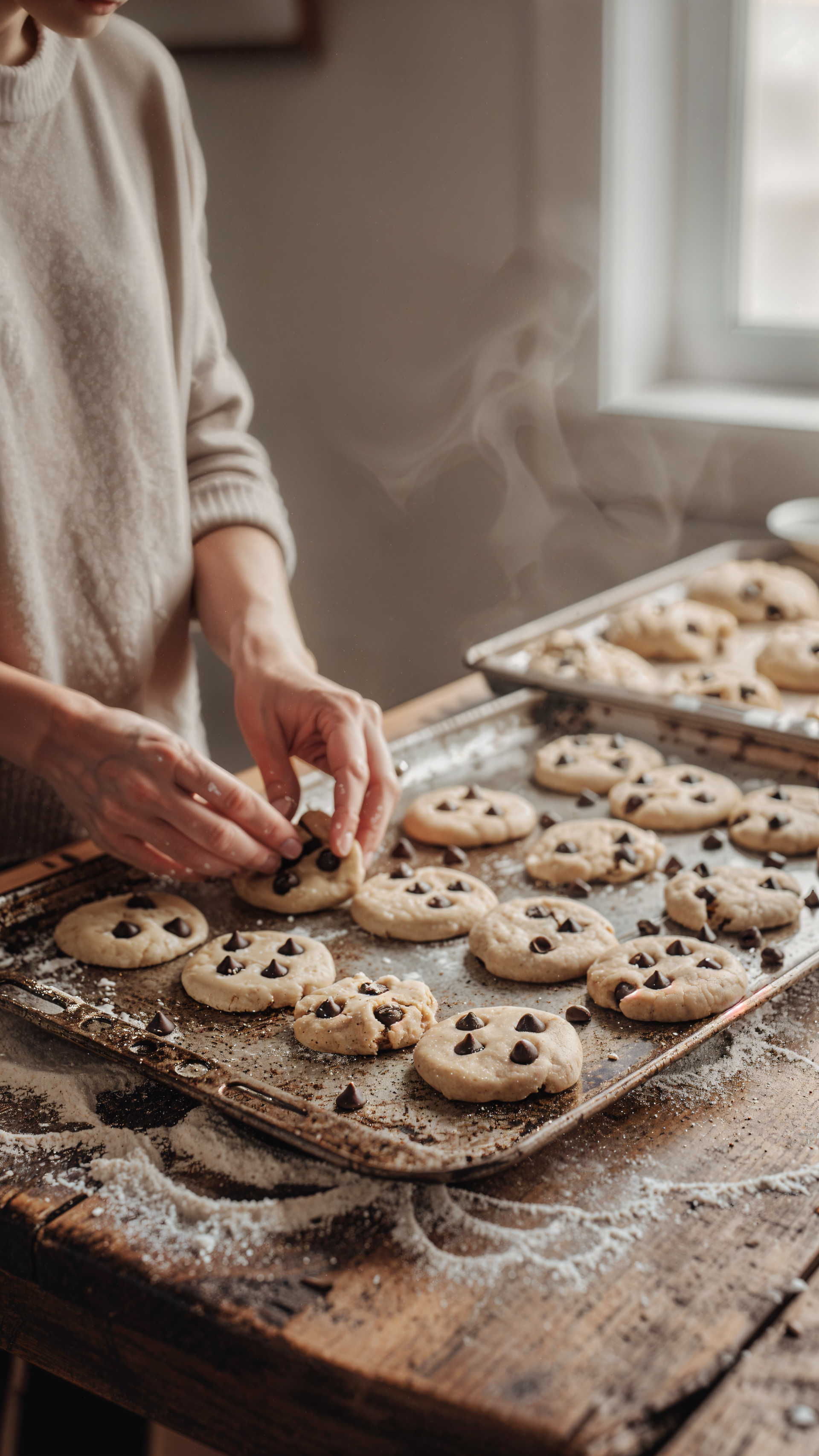 iPhone wallpaper showing cookie baking: hands placing chocolate-chip cookies on flour-dusted trays with steam rising in warm kitchen light.