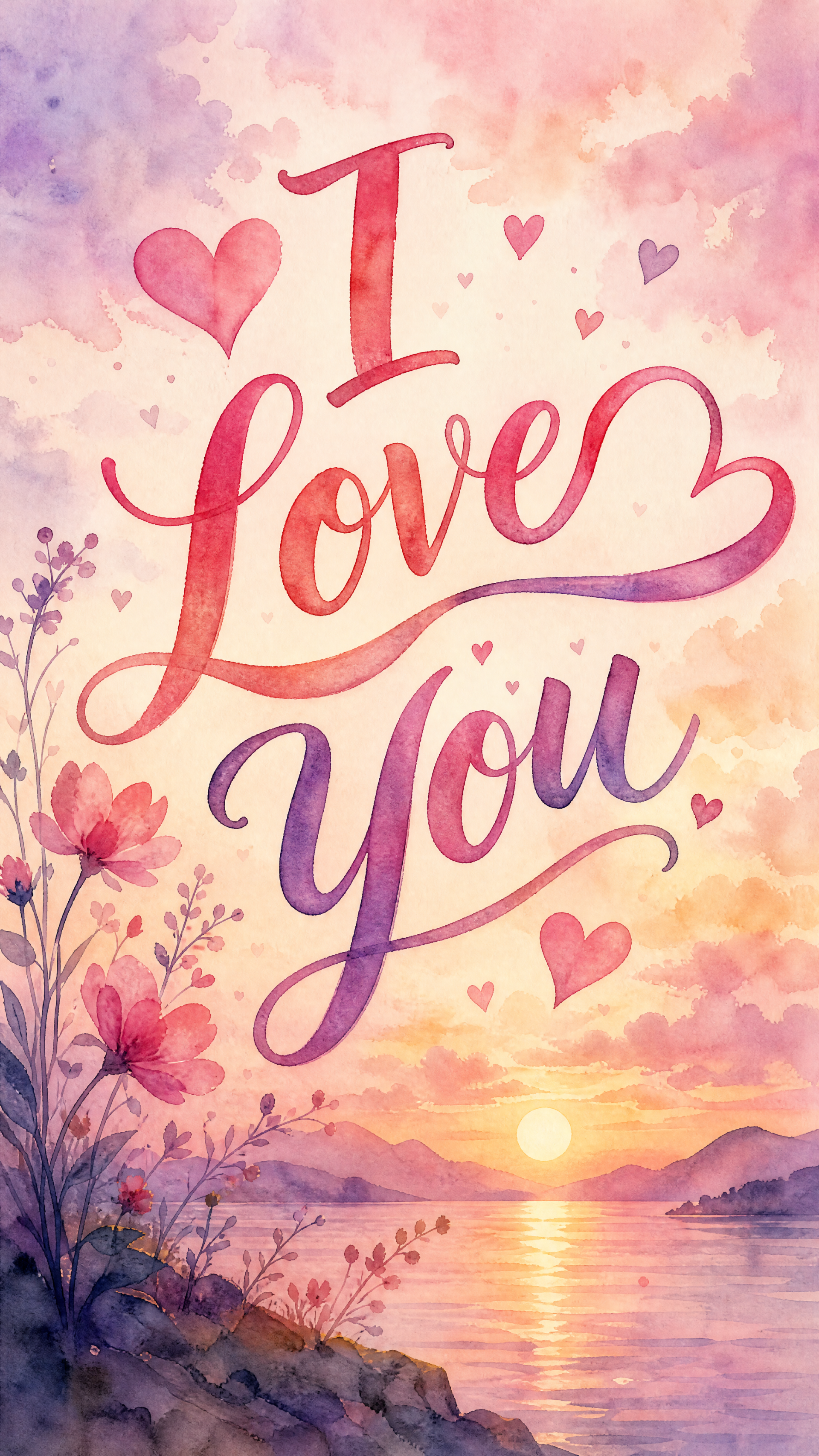 iPhone wallpaper showing a watercolor sunset over a lake with wildflowers, hearts, and hand-lettered I Love You in flowing pink and purple script.