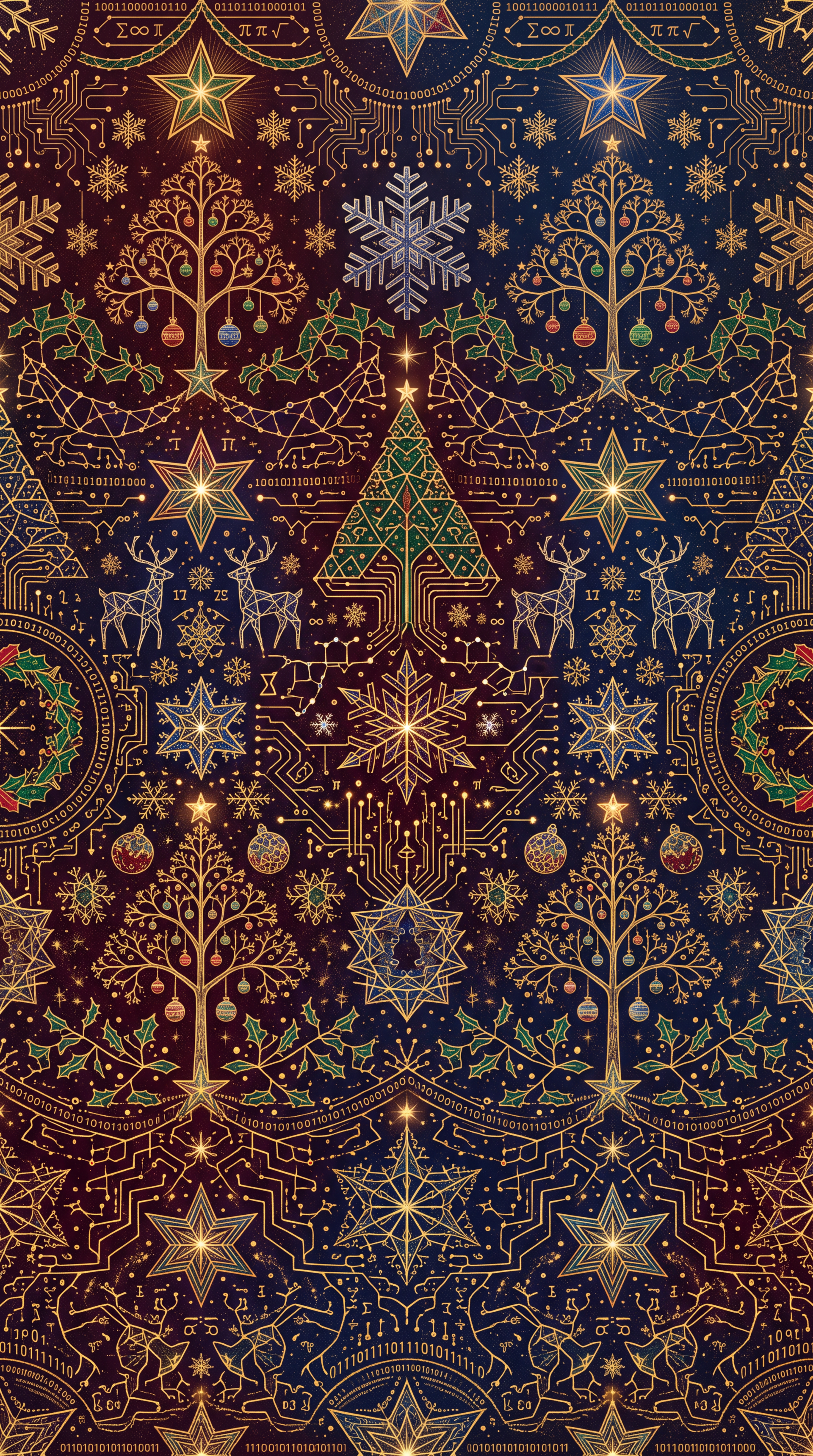iPhone wallpaper with a festive pattern: gold circuit-style stars, Christmas trees, snowflakes, wreaths, reindeer and holly on a deep gradient background.