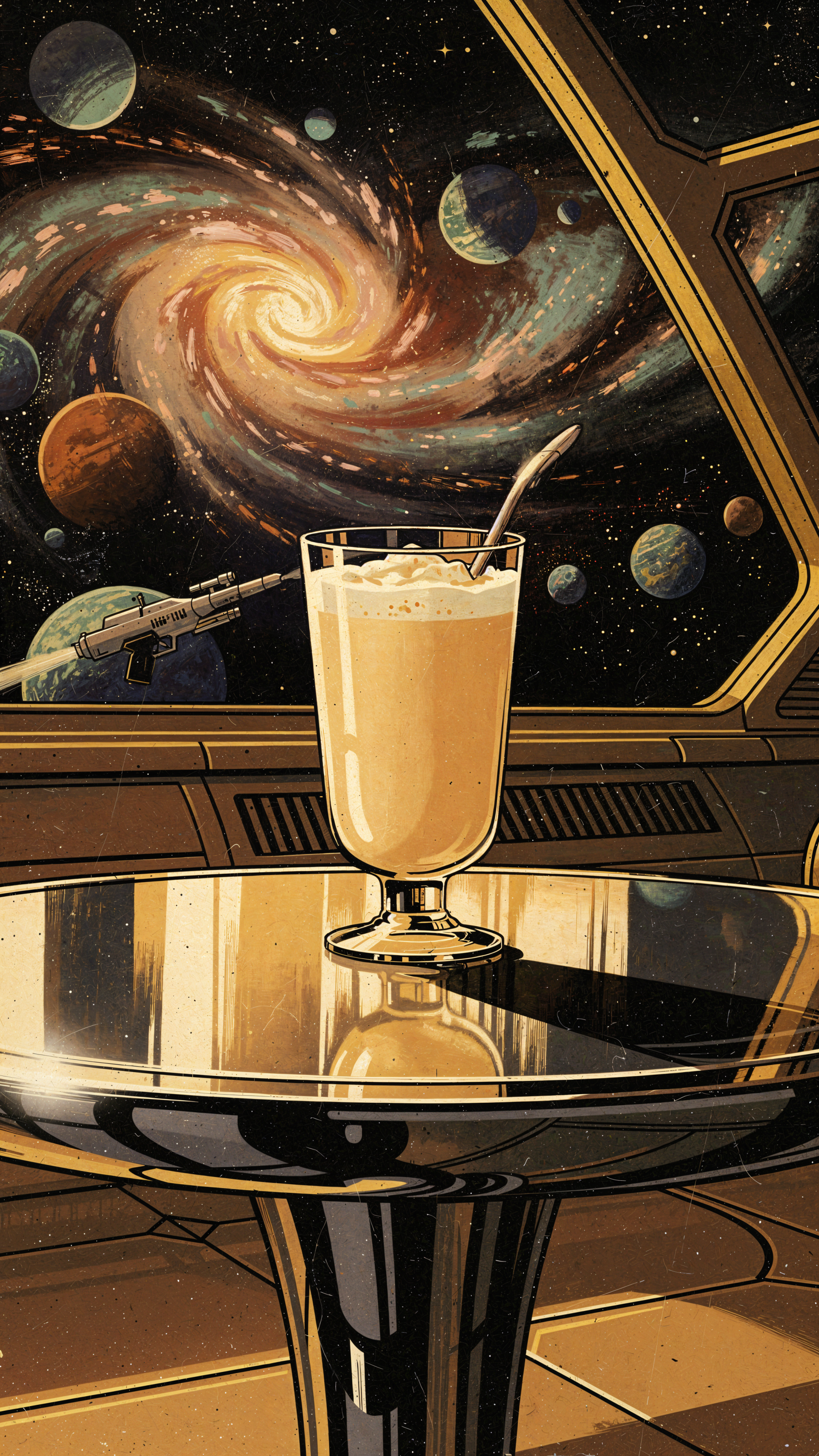 iPhone wallpaper: frothy eggnog in a glass on a polished table inside a starship, a swirling galaxy and planets visible through the window.