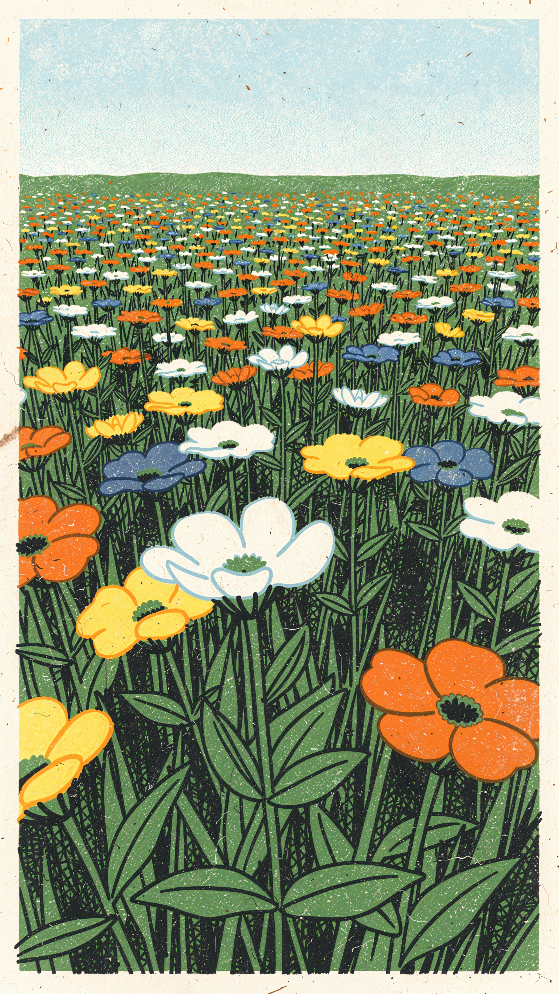 Vertical iPhone wallpaper showing a stylized field of colorful flowers—orange, yellow, white and blue—stretching to the horizon under a pale blue sky.