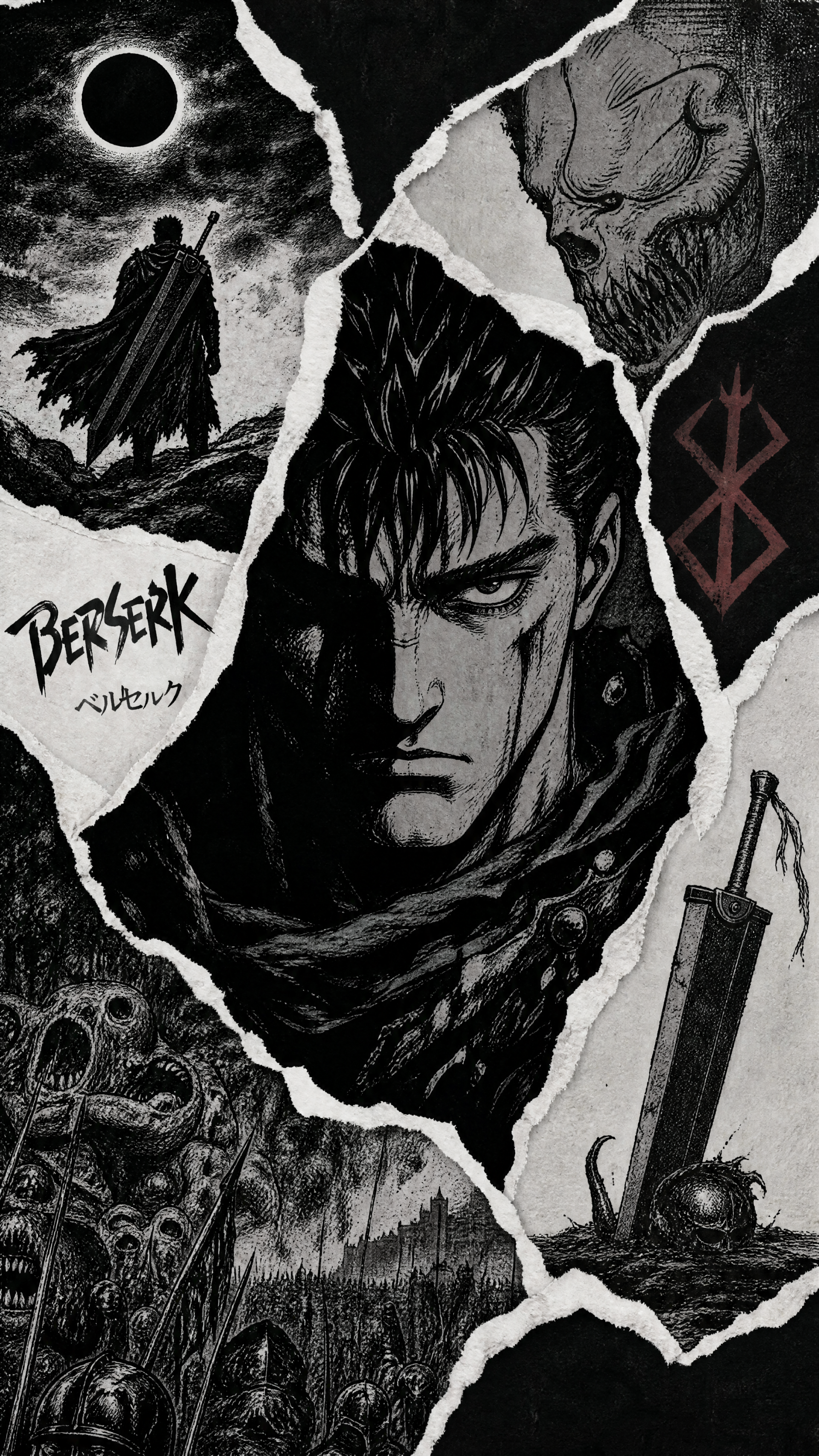 Berserk phone wallpaper: torn black-and-white collage featuring Guts' intense portrait at center, Eclipse silhouette, Brand, monstrous apostles and a massive sword driven into the ground.