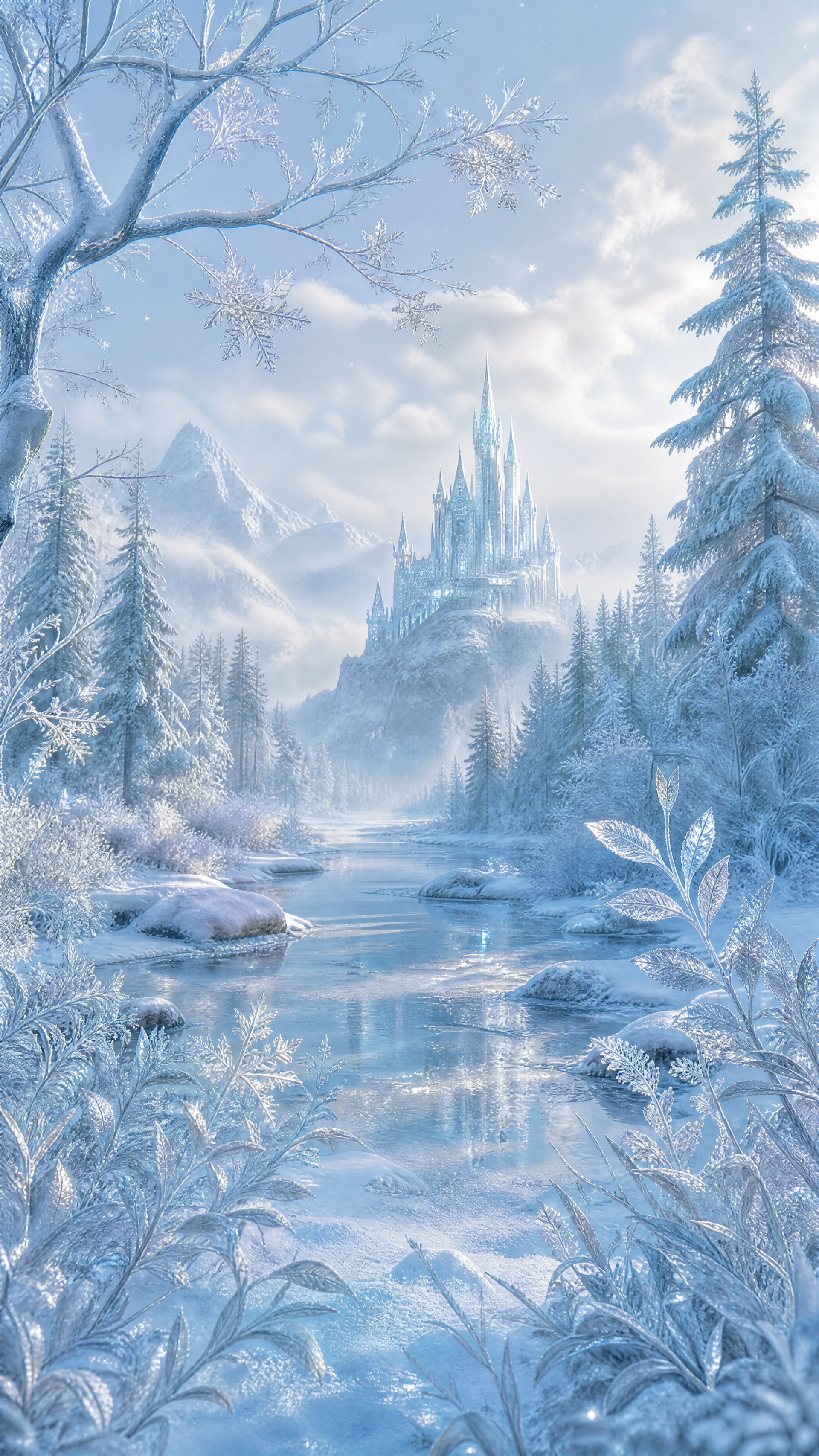 Frosty iPhone wallpaper showing a serene icy landscape: frosted trees, a glassy river and a distant crystalline ice castle beneath a pale winter sky.