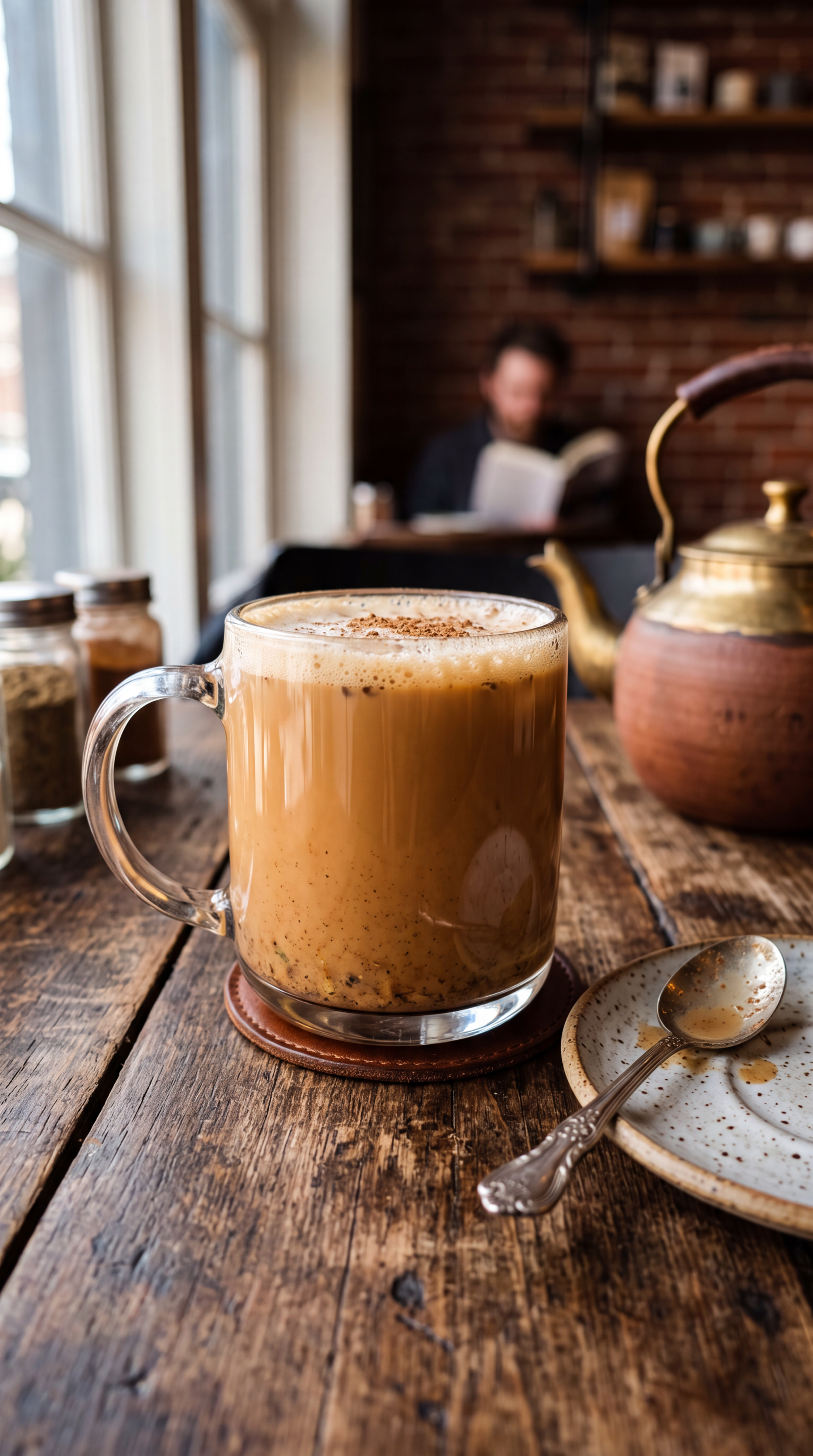 iPhone wallpaper: frothy chai tea in a clear mug on a rustic wooden table, spoon and teapot nearby, blurred café interior with a person reading in the background.