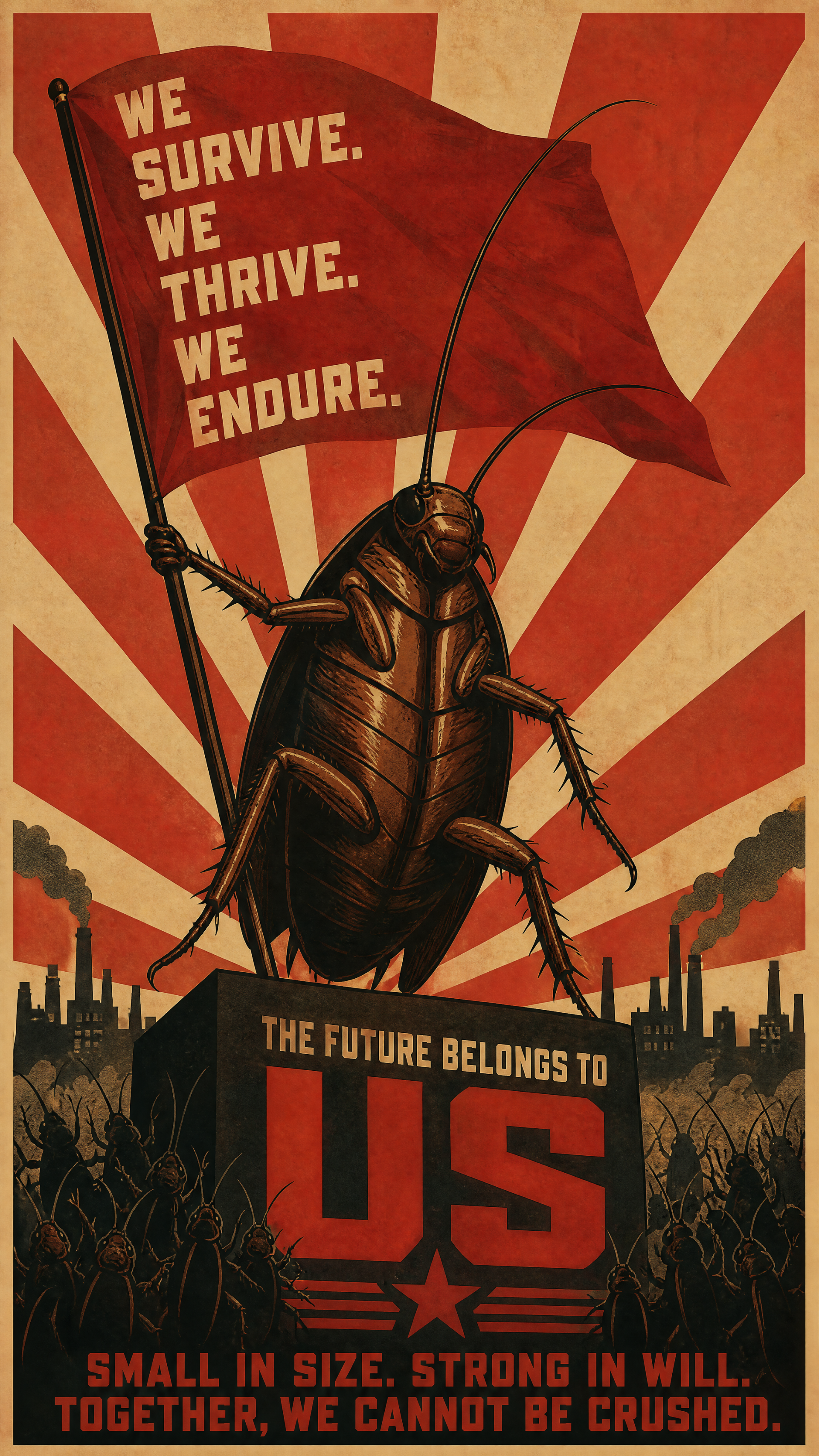 iPhone wallpaper: propaganda-style poster of a giant cockroach holding a red flag reading WE SURVIVE. WE THRIVE. WE ENDURE. atop a podium labeled THE FUTURE BELONGS TO US.