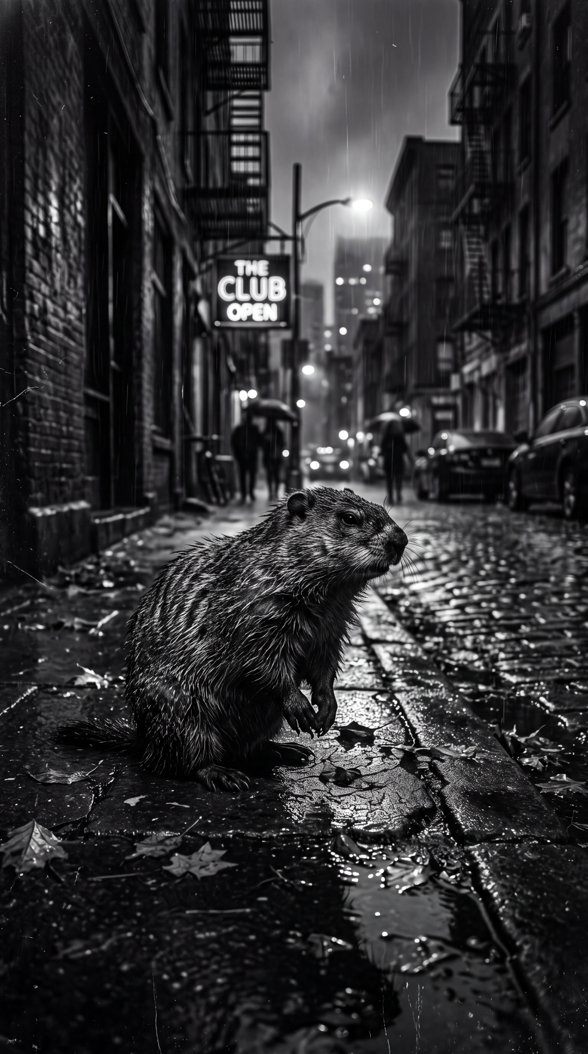 iPhone wallpaper — a rainy noir city alley at night with a neon The Club Open sign; wet cobblestones and a lone groundhog in the foreground, umbrellas and blurred pedestrians beyond.