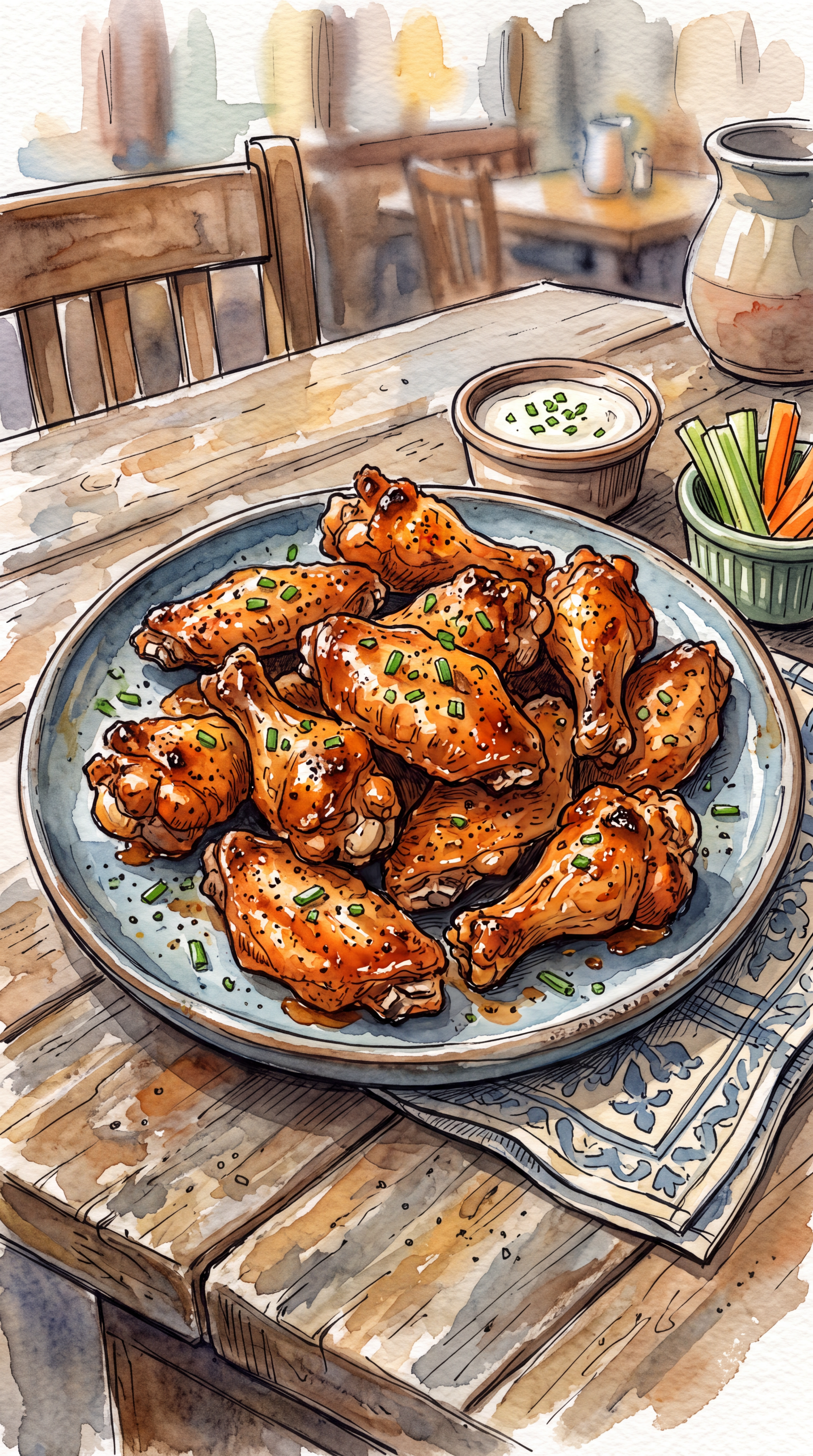 iPhone wallpaper — Chicken Wings: plate of glazed wings on a rustic wooden table, with dipping sauce, carrot and celery sticks, and a cozy café watercolor backdrop.