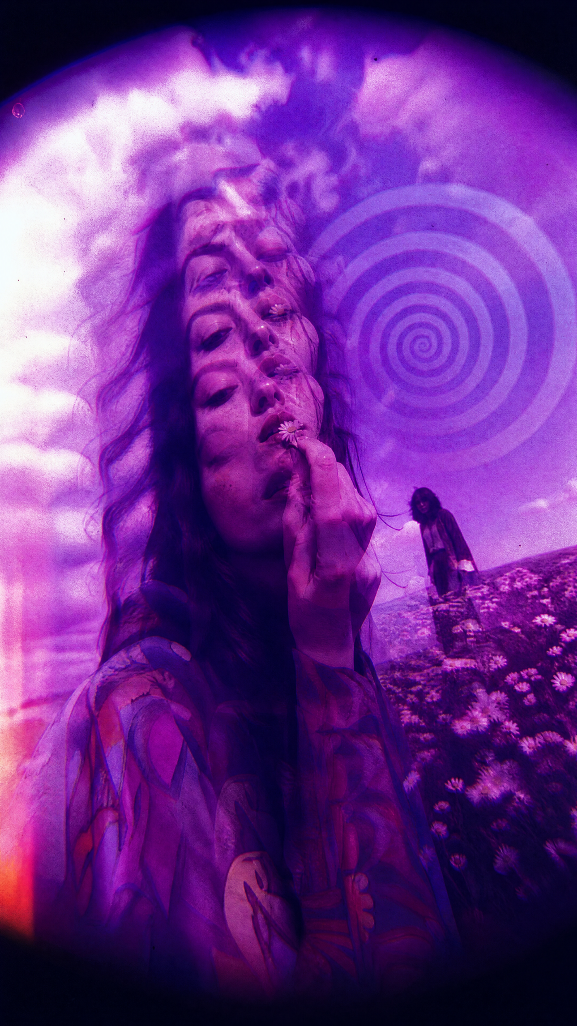 Trippy purple iPhone wallpaper: layered, multi-exposed portrait with repeating facial features, a concentric spiral vortex and a distant figure standing in a flowered meadow.