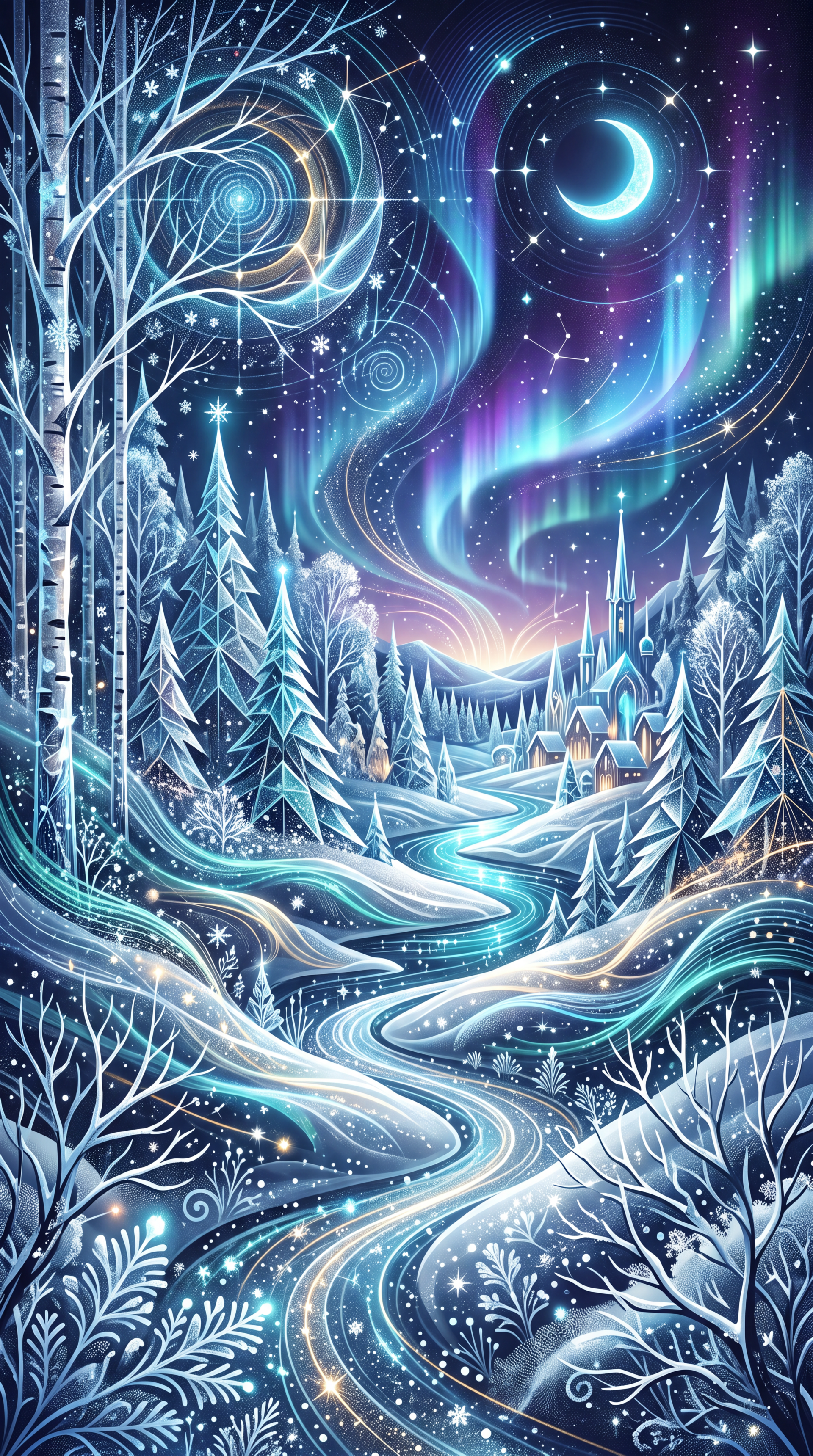 iPhone wallpaper: enchanted winter wonderland with a winding icy river, frosted trees, glowing village, crescent moon and swirling aurora beneath a starry sky.