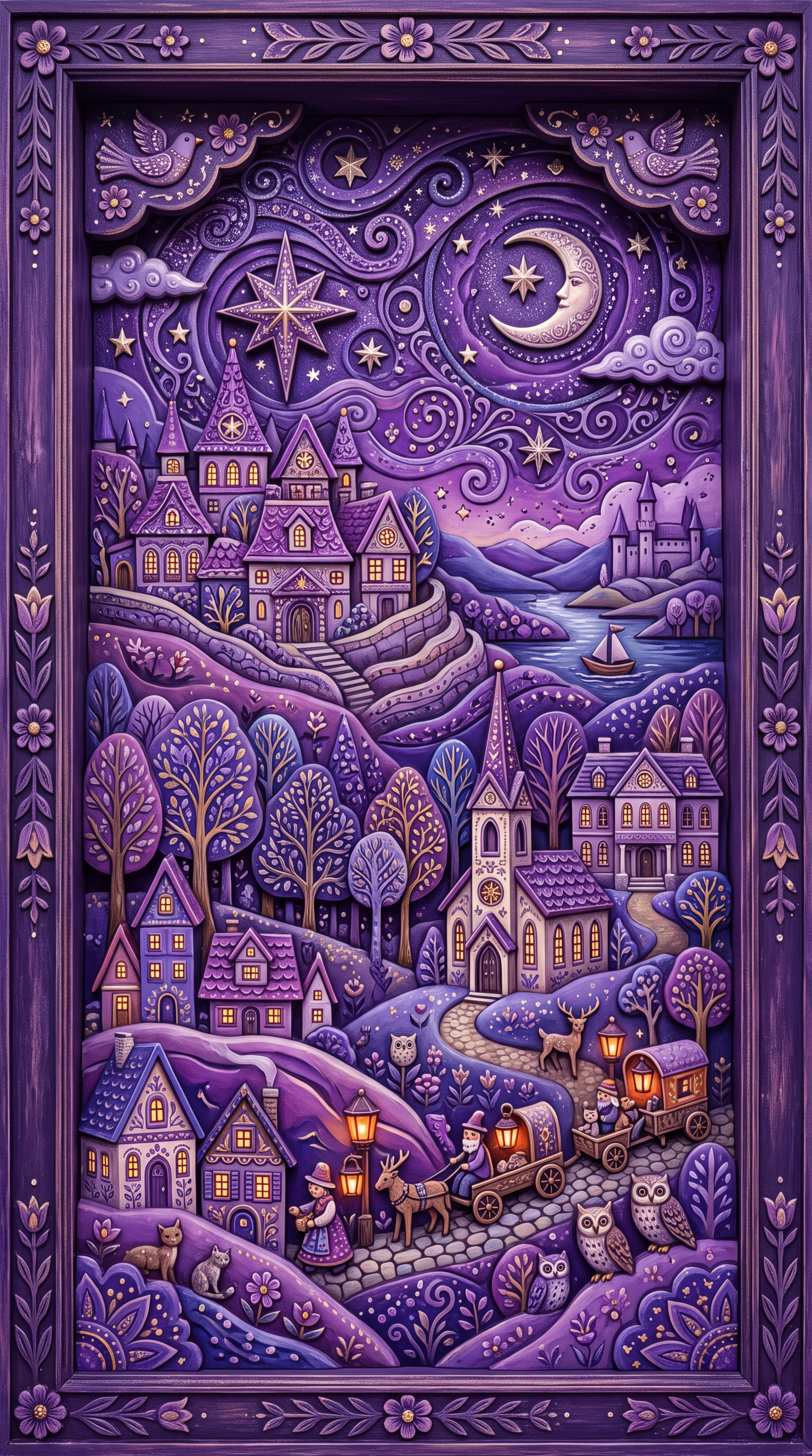 Purple aesthetic phone/iPhone wallpaper of a whimsical carved-night village: crescent moon and stars above winding hills, cottages, church, owls, foxes and a sailboat framed by ornate floral borders.