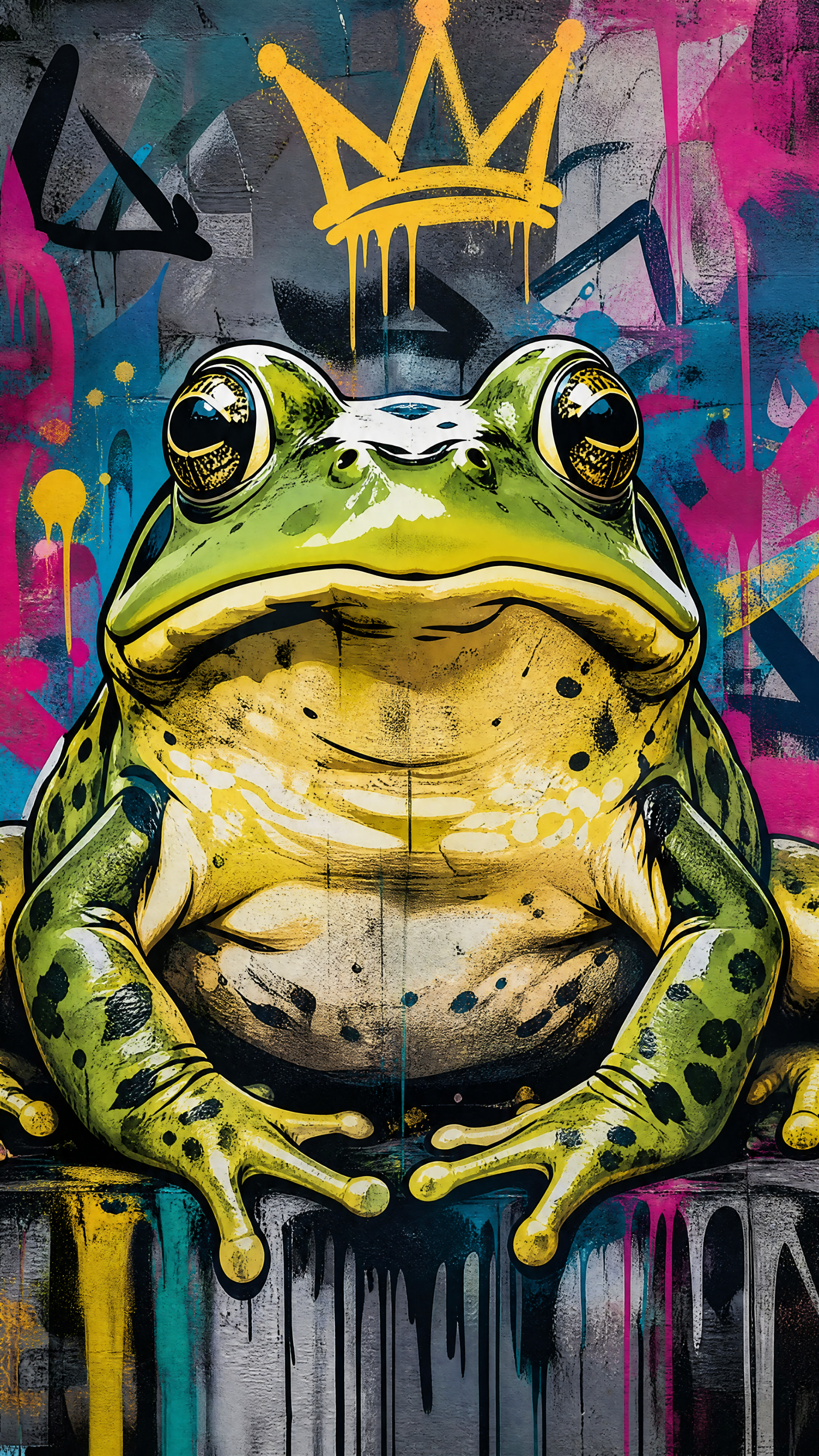 Vibrant graffiti-style bullfrog with a dripping gold crown, bold colors and paint drips — vertical iPhone wallpaper.