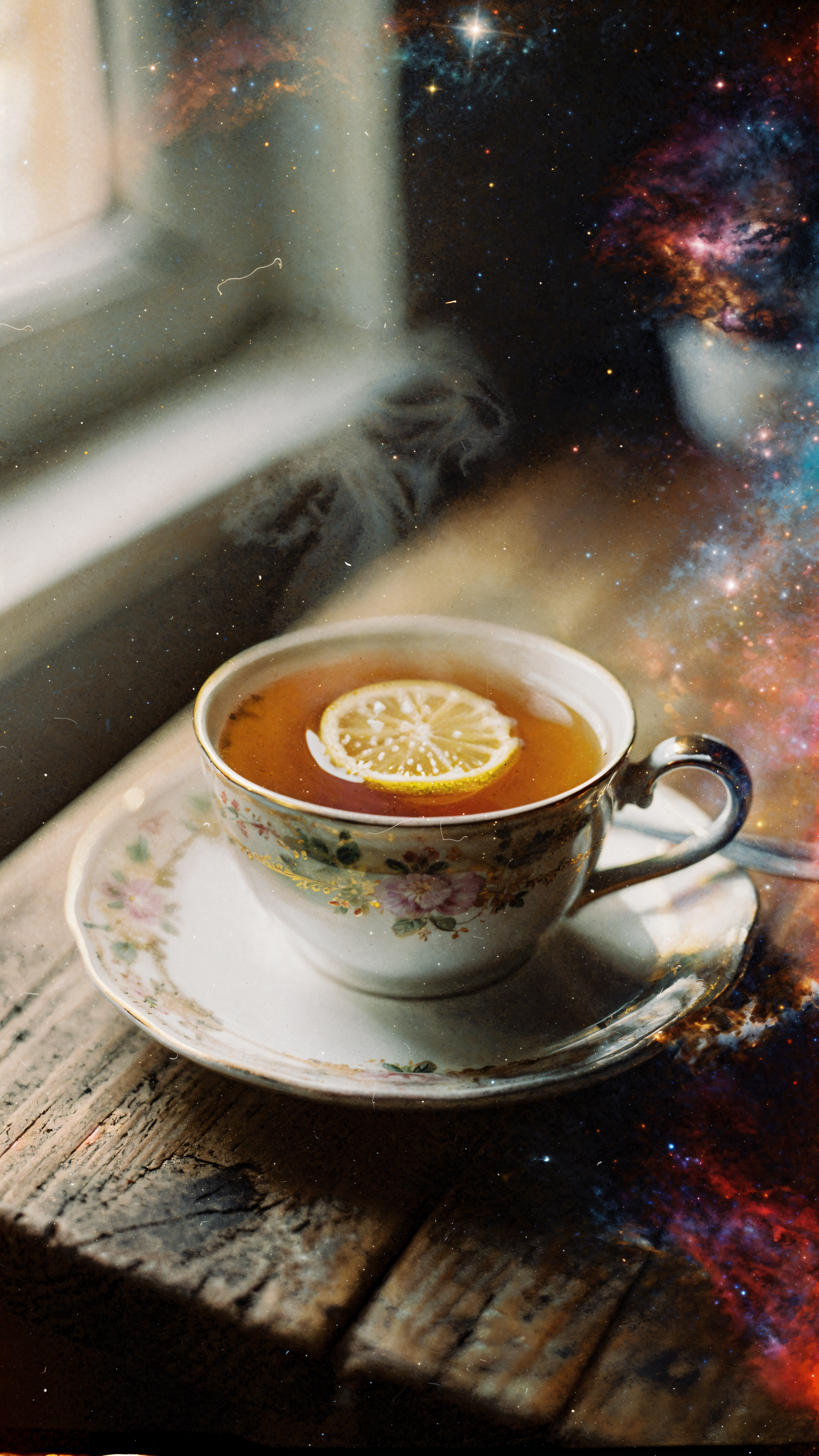 Vertical iPhone wallpaper of a steaming cup of Earl Grey tea with a lemon slice in a floral teacup on a weathered windowsill, overlaid with colorful cosmic nebula accents.