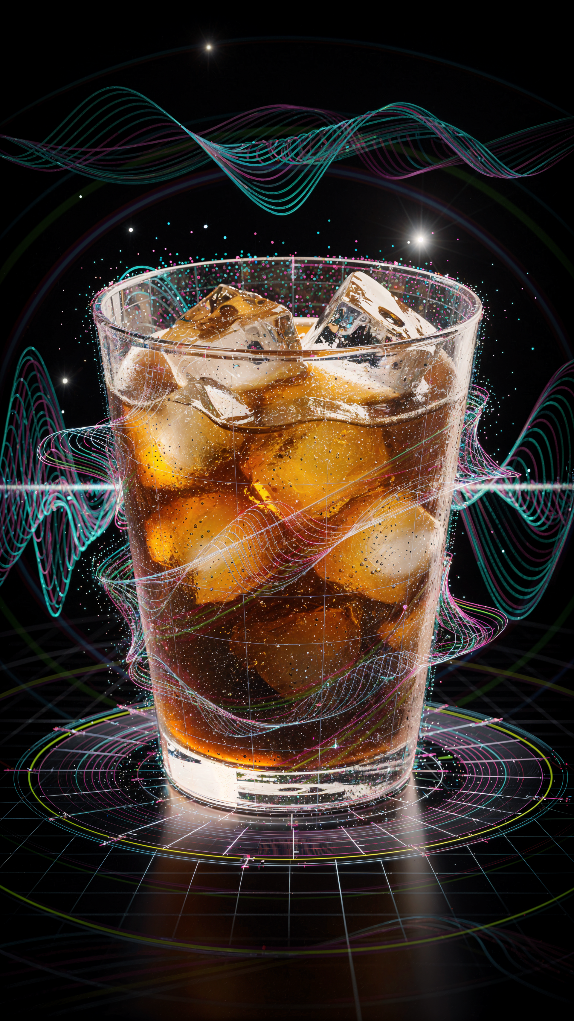 Cold brew with ice in a clear glass, surrounded by neon waveform visuals and a glowing grid background — vertical iPhone wallpaper.