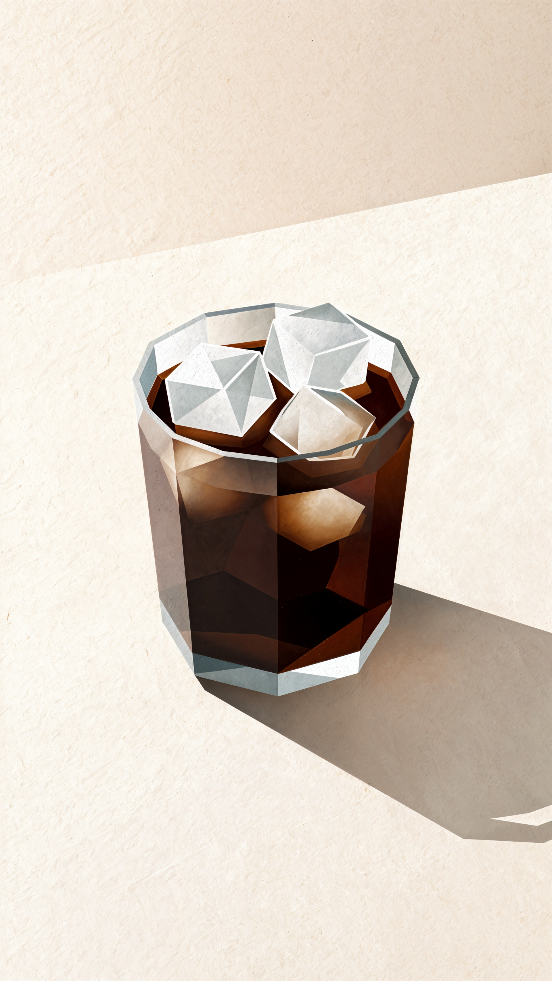 iPhone wallpaper — minimalist illustration of a faceted glass of cold brew with large ice cubes casting a long shadow on a pale surface.