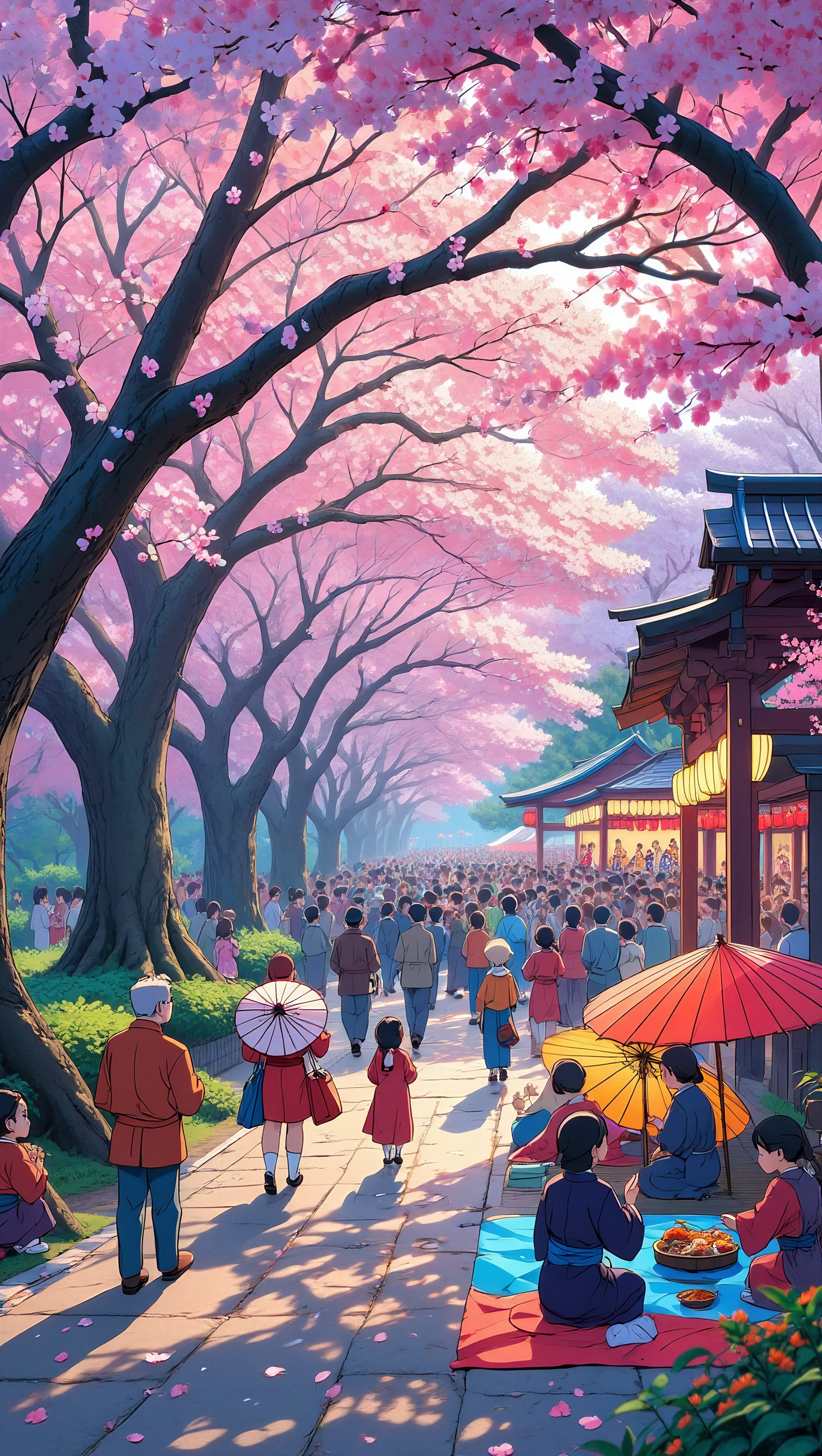 iPhone wallpaper: bustling cherry blossom festival beneath pink sakura canopies, crowds strolling along a lantern-lit avenue past stalls and picnic mats.