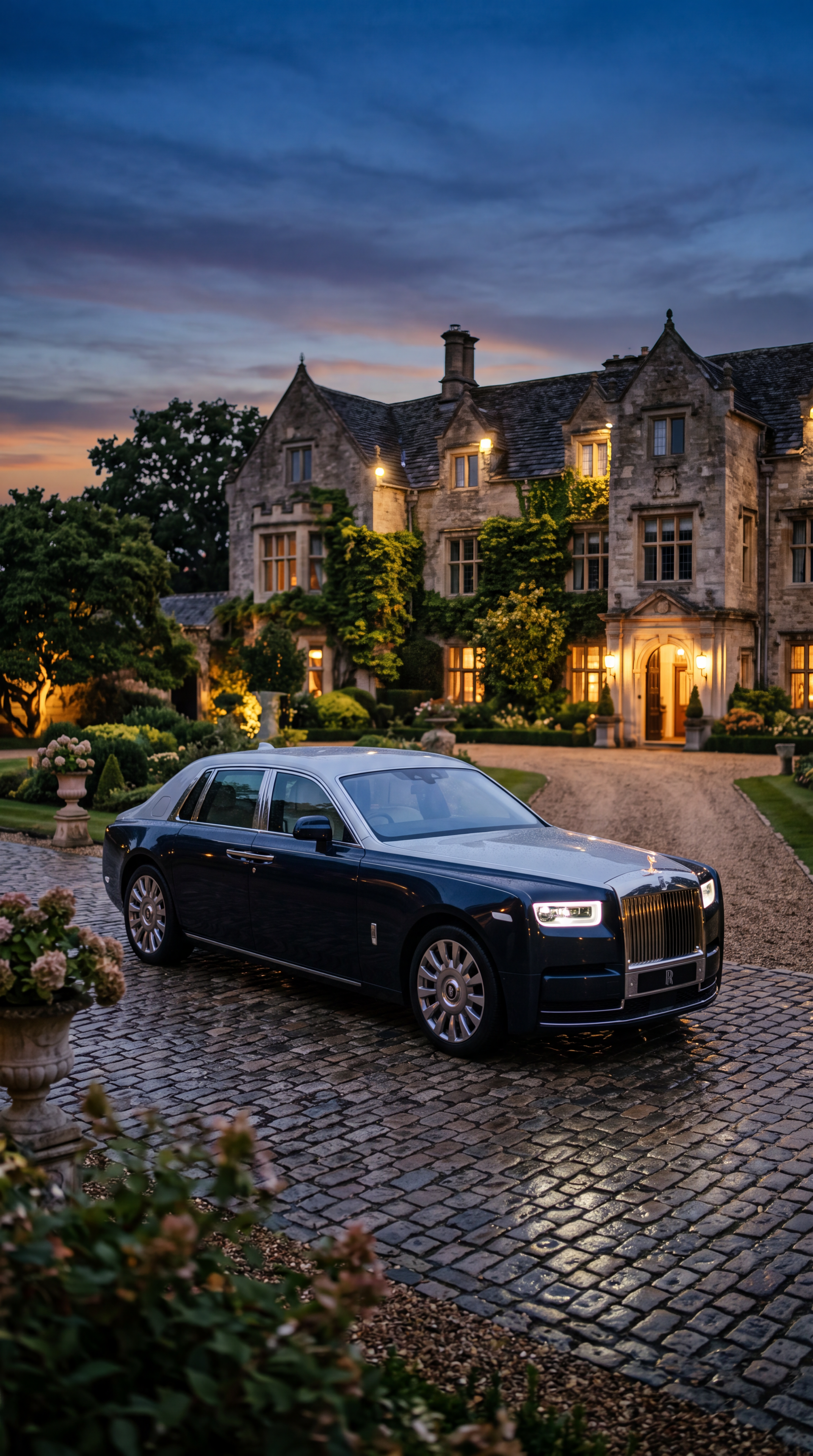 iPhone wallpaper: Rolls‑Royce parked on wet cobblestone drive before an illuminated manor at dusk.