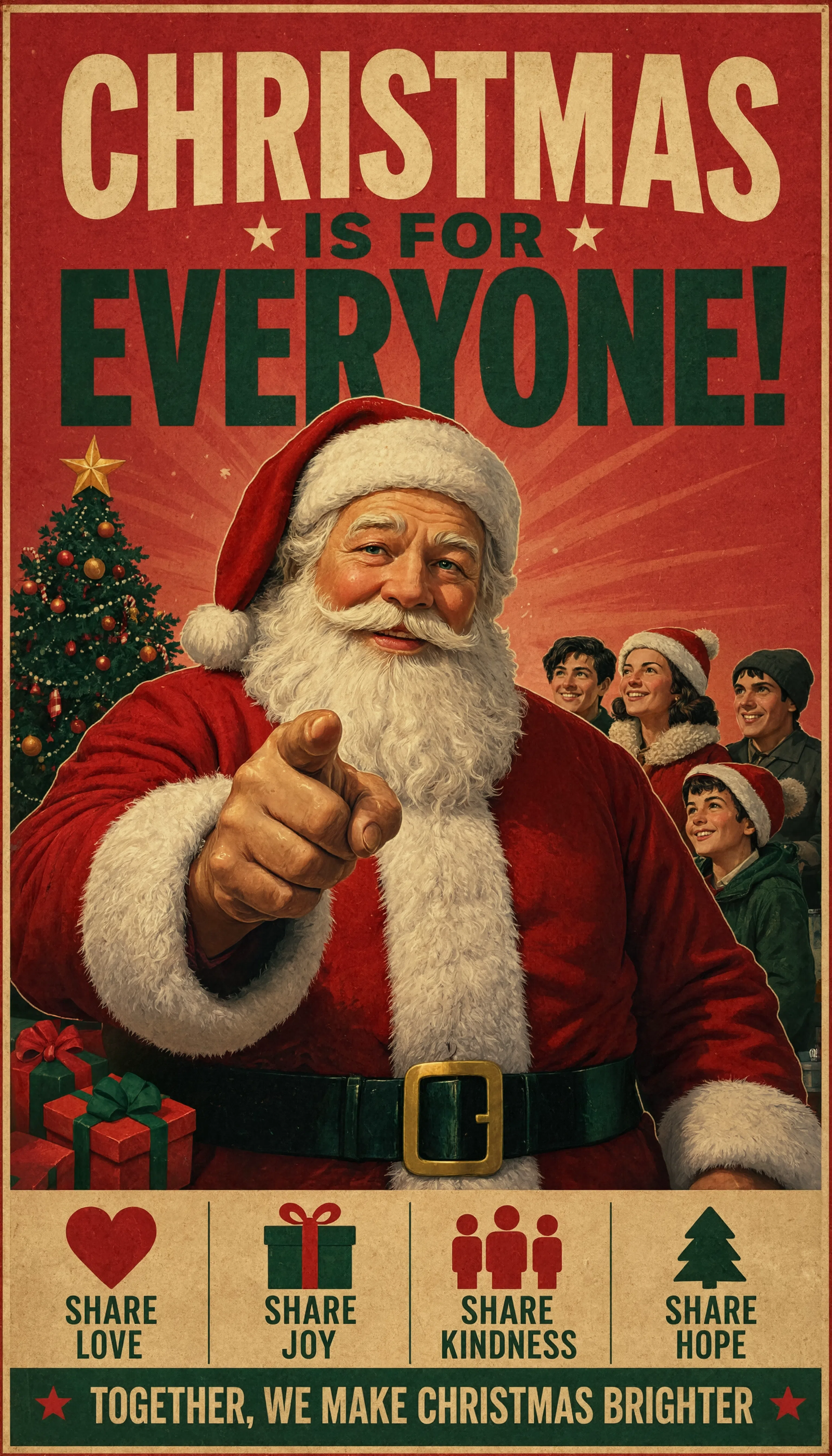 iPhone wallpaper showing vintage Santa pointing amid Christmas decorations — tree, gifts and carolers — bold headline CHRISTMAS IS FOR EVERYONE! with festive icons.