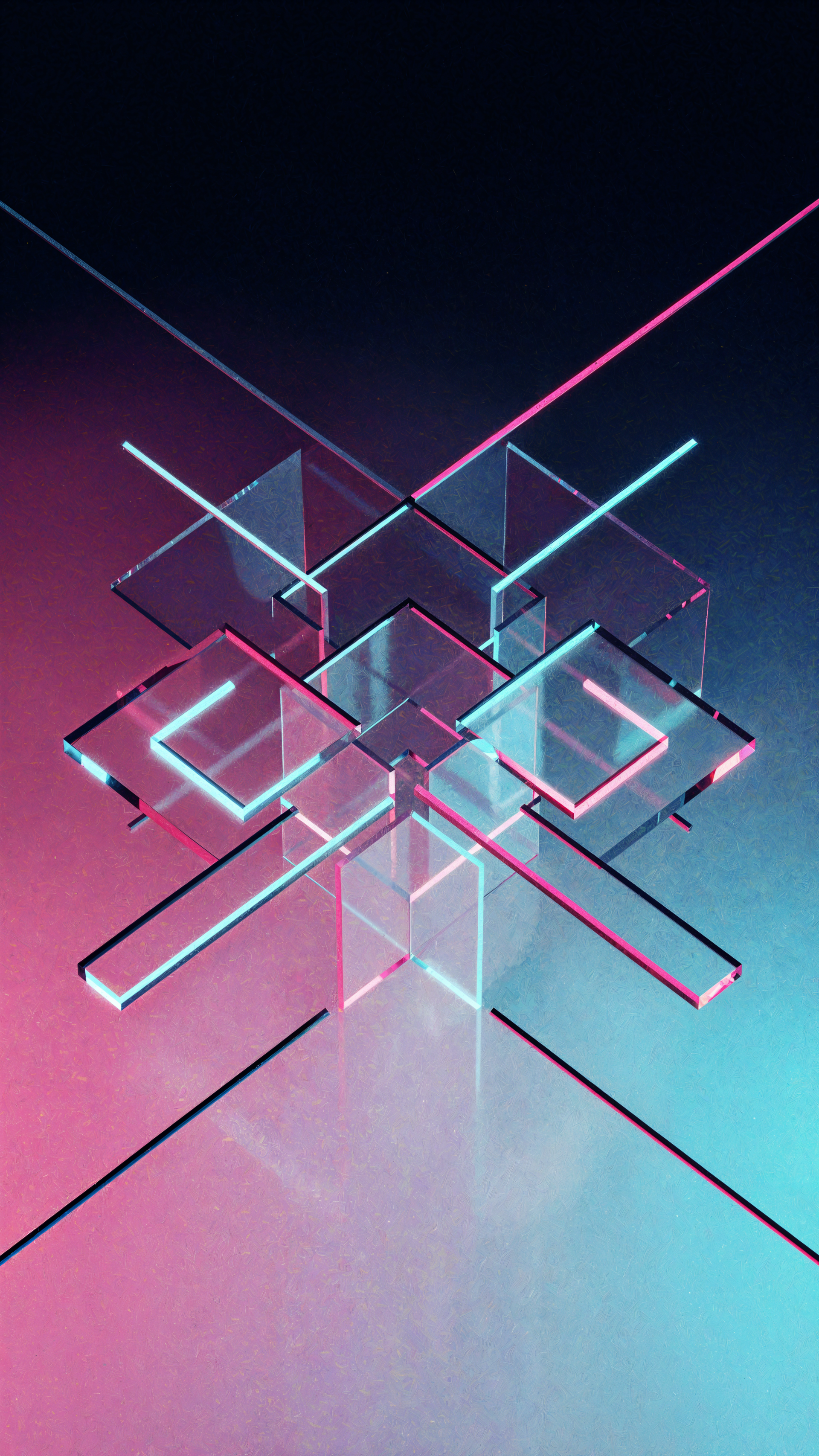 Clean iPhone wallpaper: transparent glass cubes and intersecting neon cyan and magenta bars on a dark gradient background.