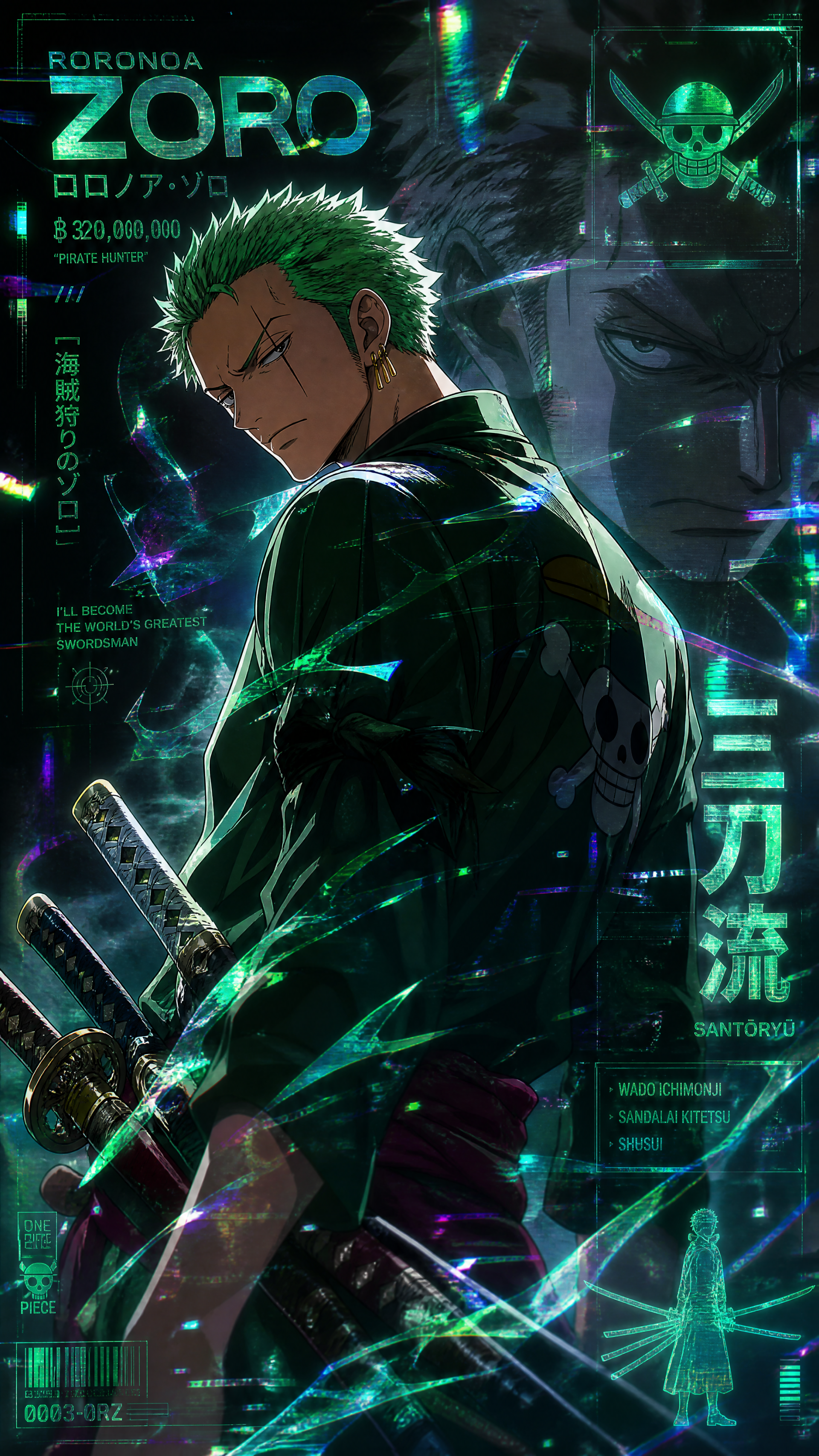 iPhone wallpaper of Roronoa Zoro: brooding green-haired swordsman with three katanas, neon teal cyberpunk accents, skull emblem and a dramatic backlit profile.