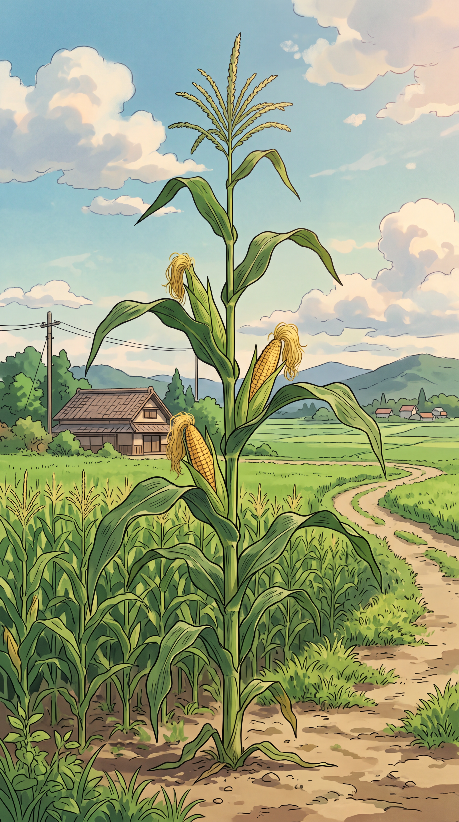 Phone wallpaper showing a tall cornstalk with ears of corn in a sunlit rural field, a dirt path past a farmhouse toward rolling hills beneath a blue sky with scattered clouds.