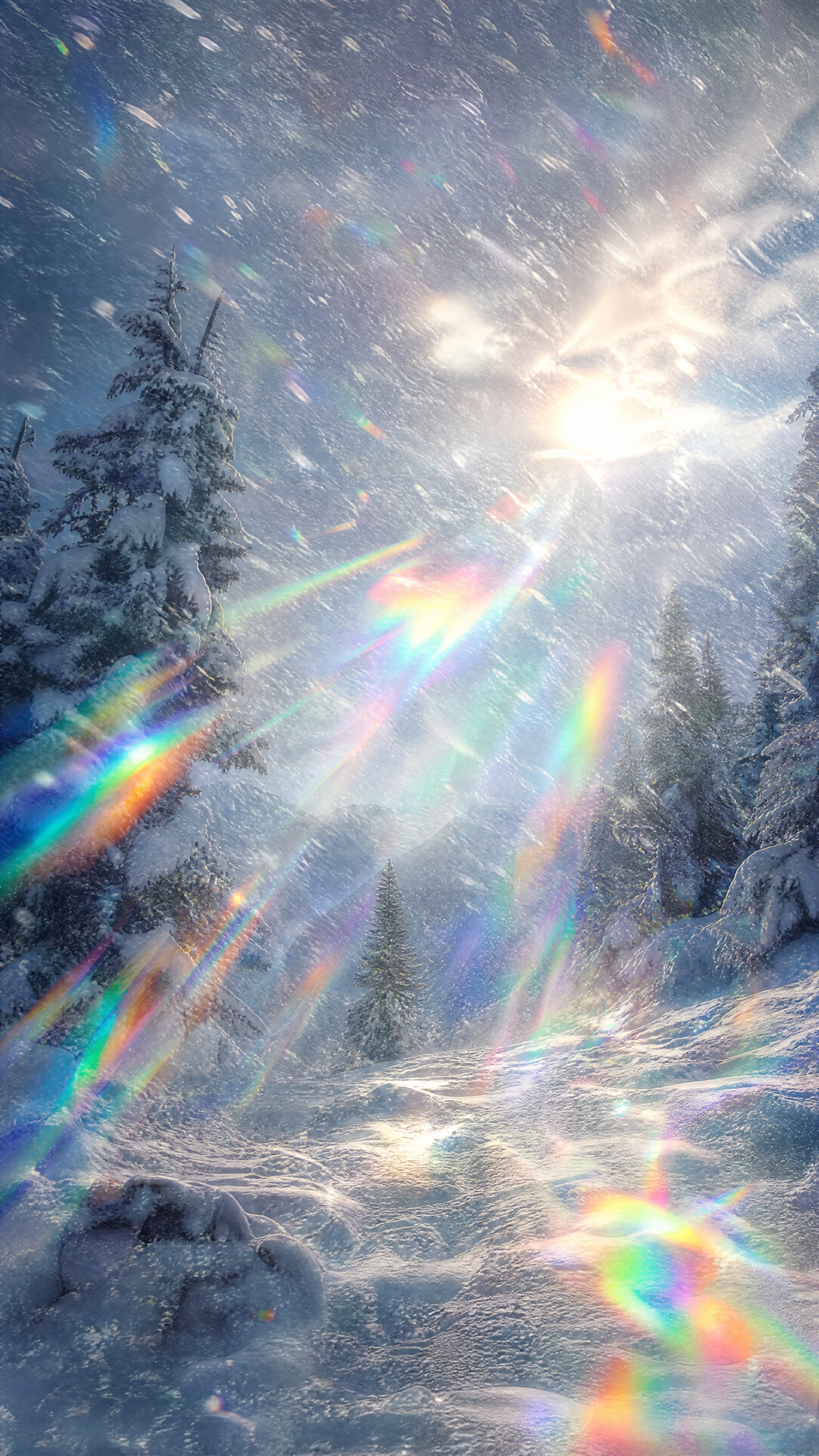 Vertical iPhone wallpaper: snowy pine forest in a swirling snowstorm, sunlight piercing through and scattering rainbow prism flares across the icy landscape.