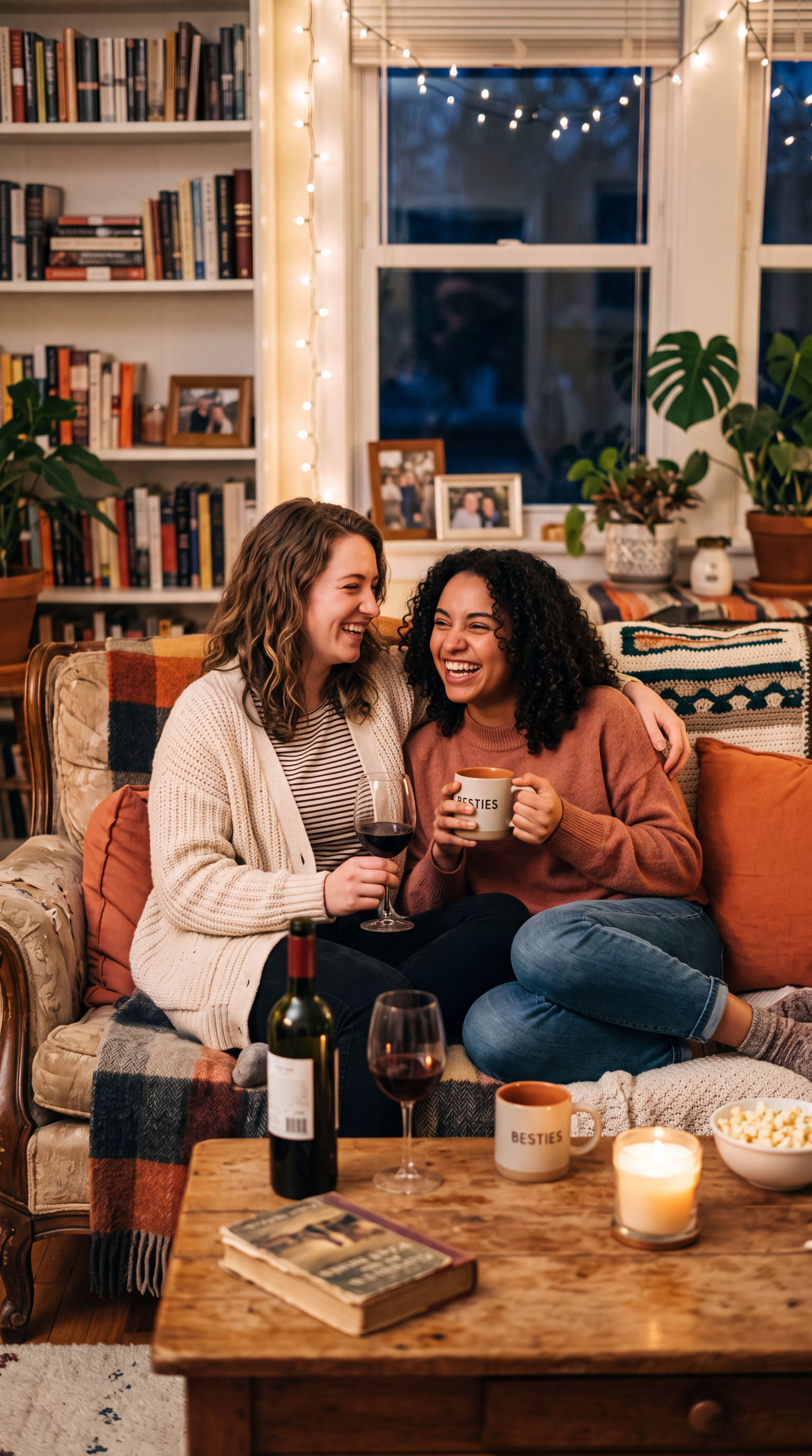 iPhone wallpaper of two best friends laughing on a cozy couch, sharing wine and mugs by candlelight, surrounded by books, plants and warm string lights.