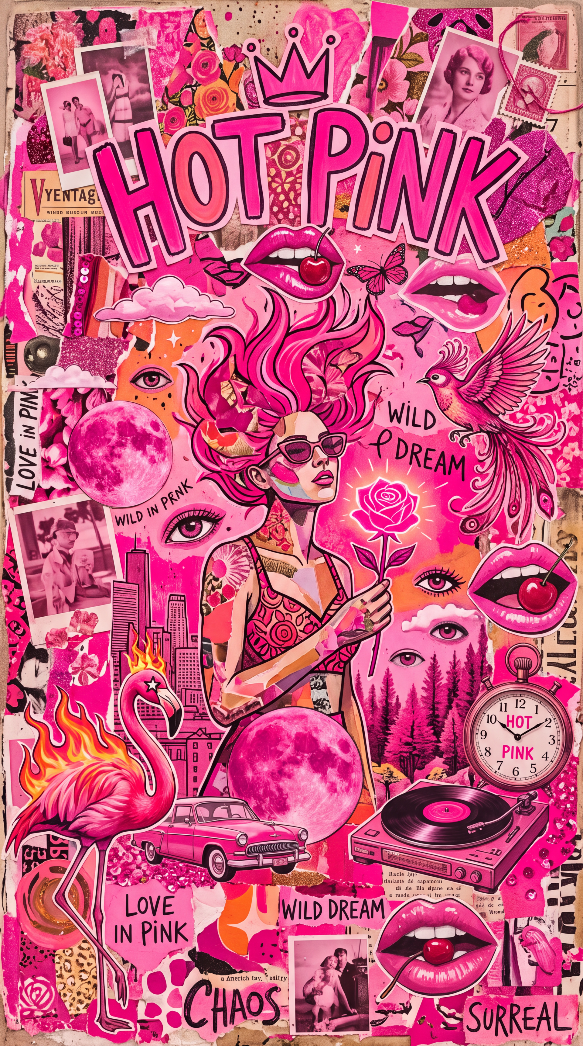 Vibrant hot pink iPhone wallpaper collage labeled HOT PINK — retro photos, flamingo, lips, vinyl turntable, city skyline, moon, rose, and a sunglasses-wearing woman with flowing hair.