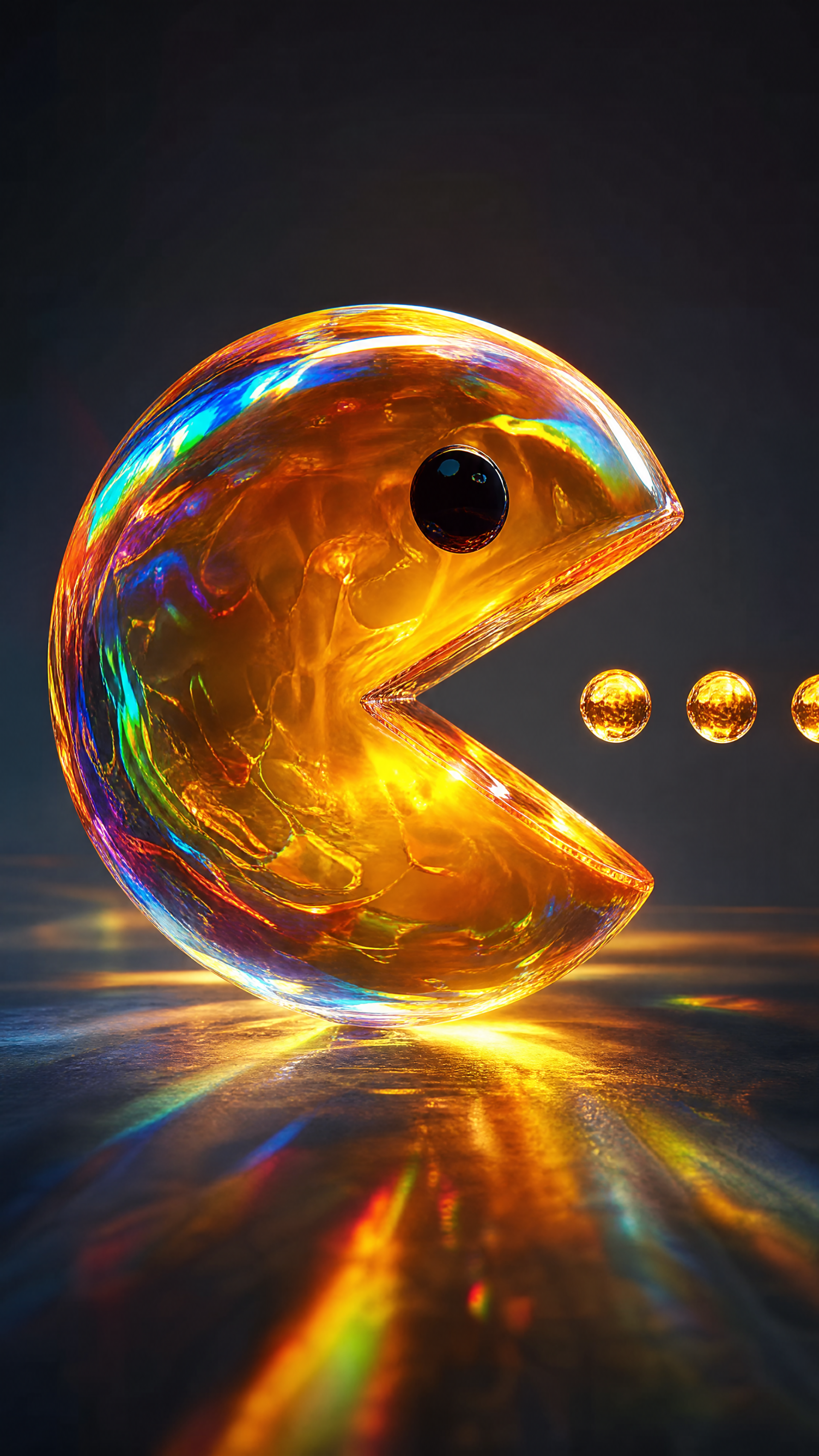 Vibrant iPhone wallpaper of a glowing glass-like Pac-Man facing three golden pellets, with rainbow highlights and a reflective surface set against a dark backdrop.