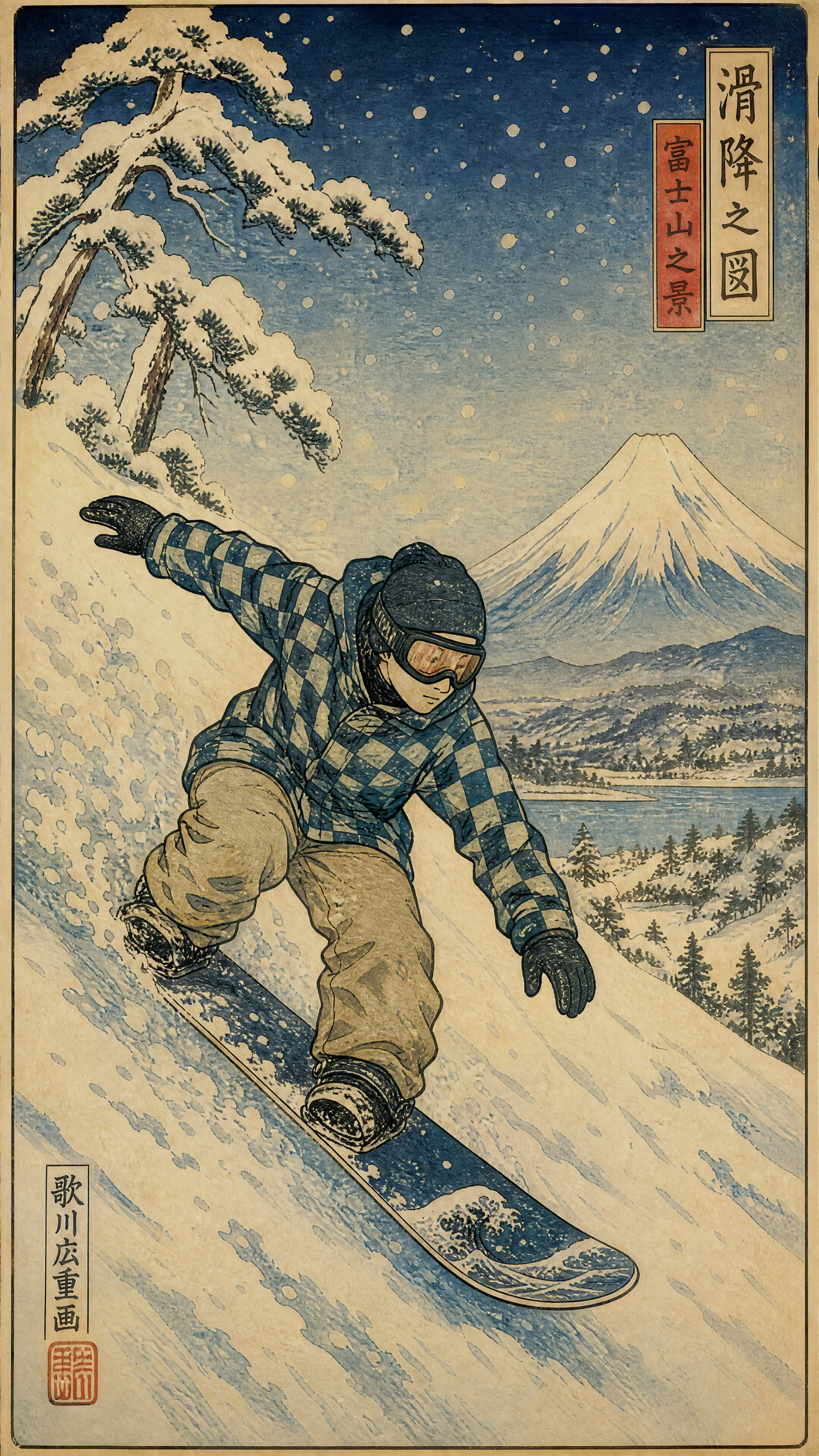 Vertical iPhone wallpaper: snowboarding in a woodblock-print style shows a rider carving down a snowy slope with Mount Fuji and falling snow.