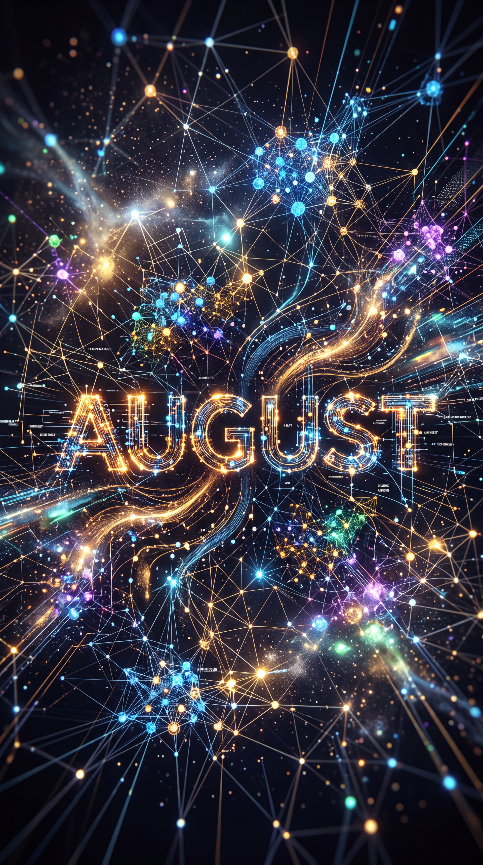iPhone wallpaper: AUGUST in golden neon at center, surrounded by a web of colorful glowing nodes and streaking light filaments on a dark cosmic backdrop.