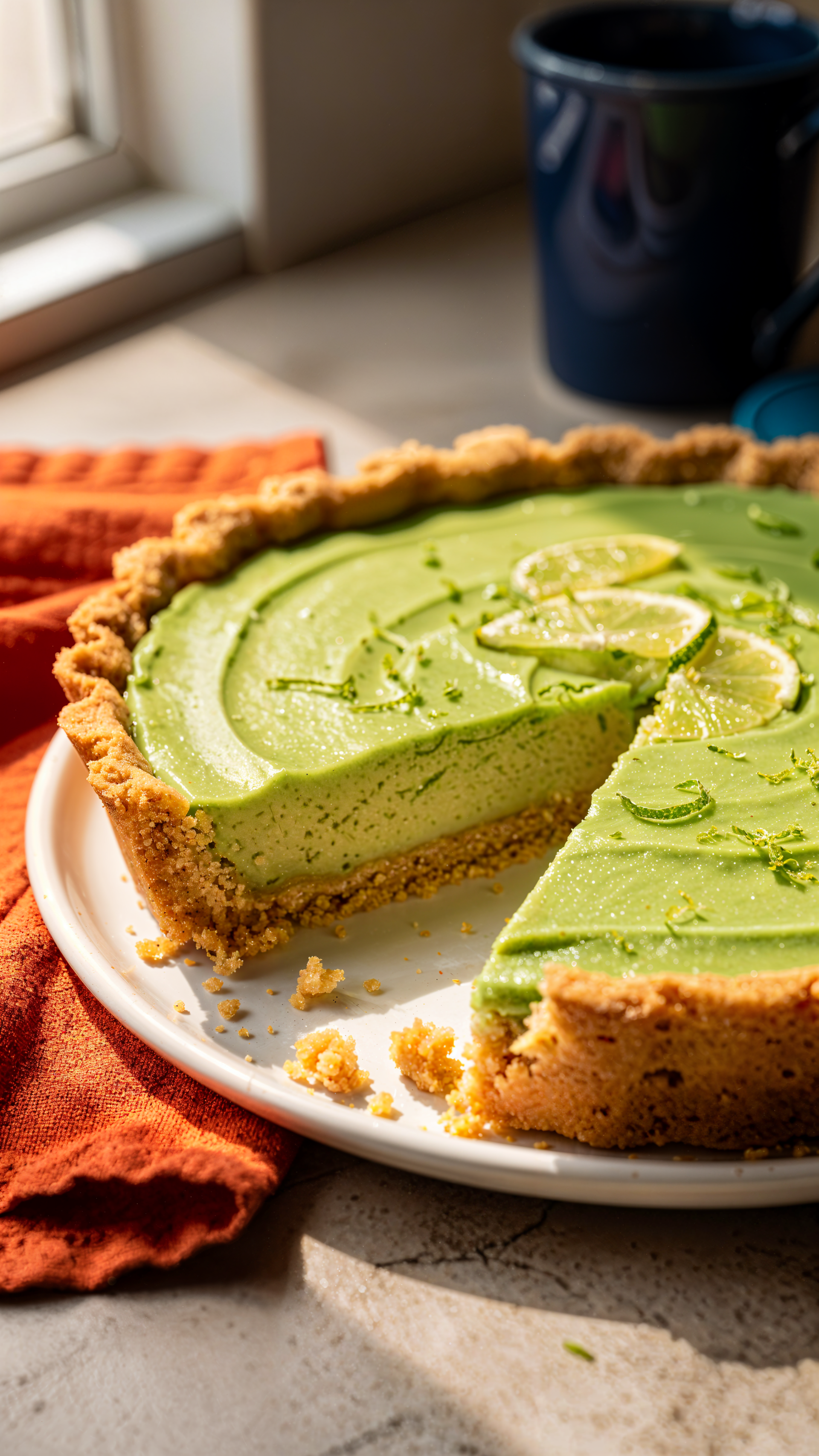 iPhone wallpaper of a sliced key lime pie: bright green filling with lime slices, crumbly graham crust on a white plate, crumbs and an orange napkin near a blurred mug.