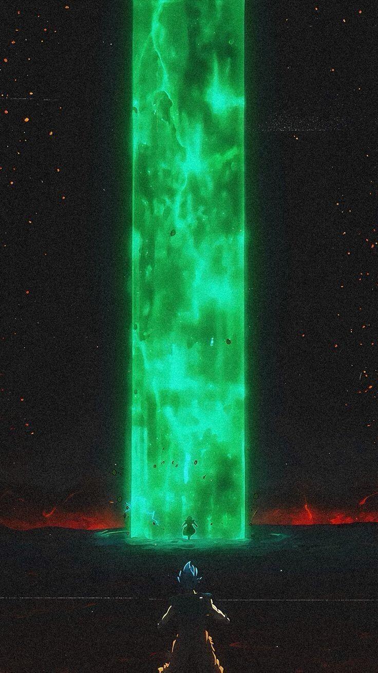 Anime iPhone wallpaper (Dragon Ball): Goku stands in the foreground facing a towering green energy column with Broly silhouetted inside, starry sky and a red horizon below.